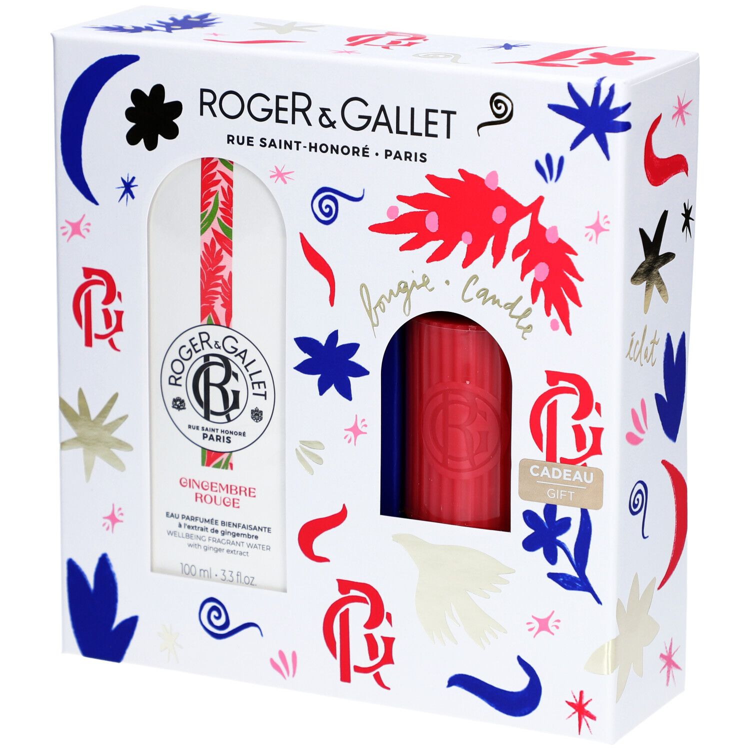 Cadeauset met Eau Parfumée en kaars. Witte verpakking met decoratieve elementen en productnamen.