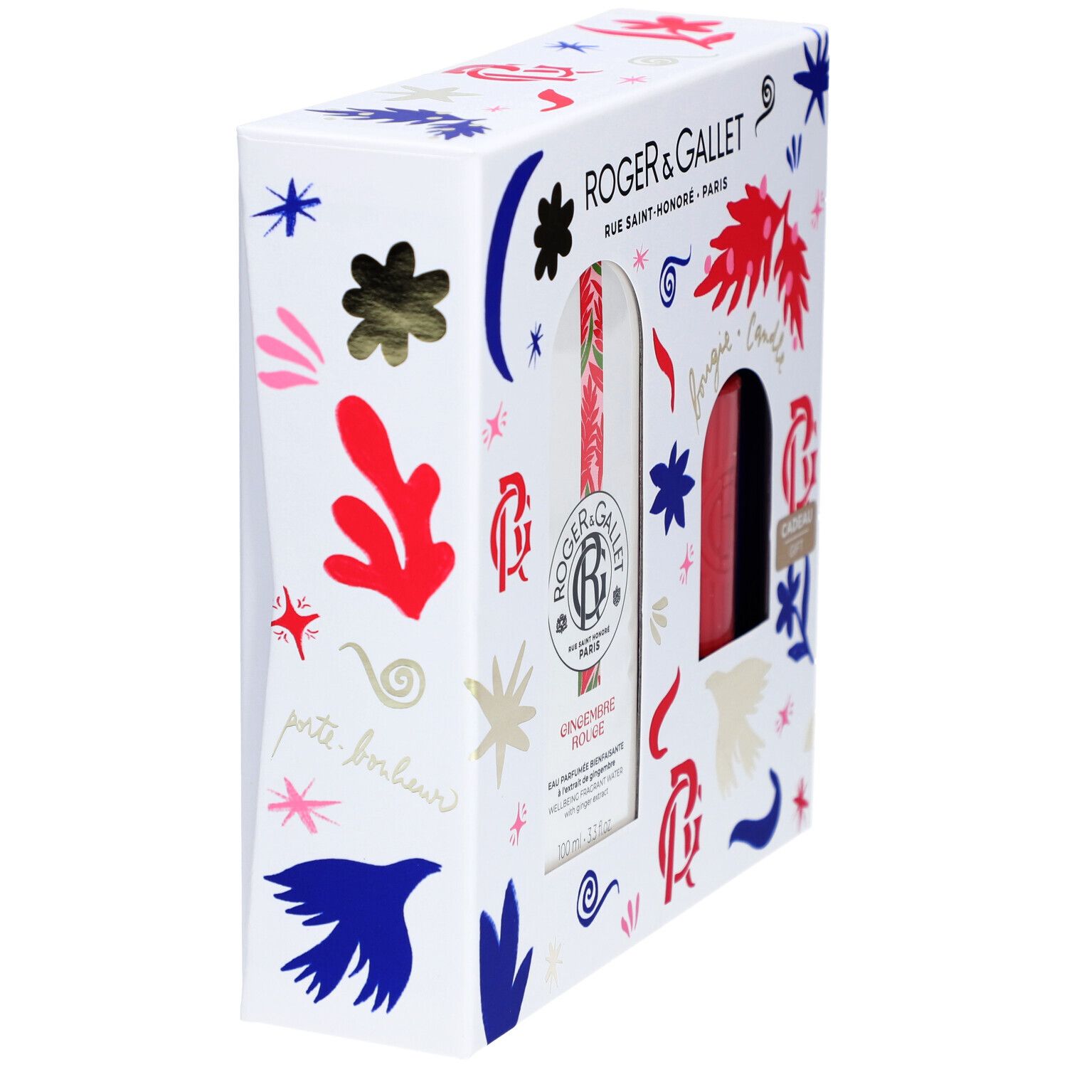 Cadeauset met Eau Parfumée en kaars. Witte verpakking met decoratieve elementen en productnamen.