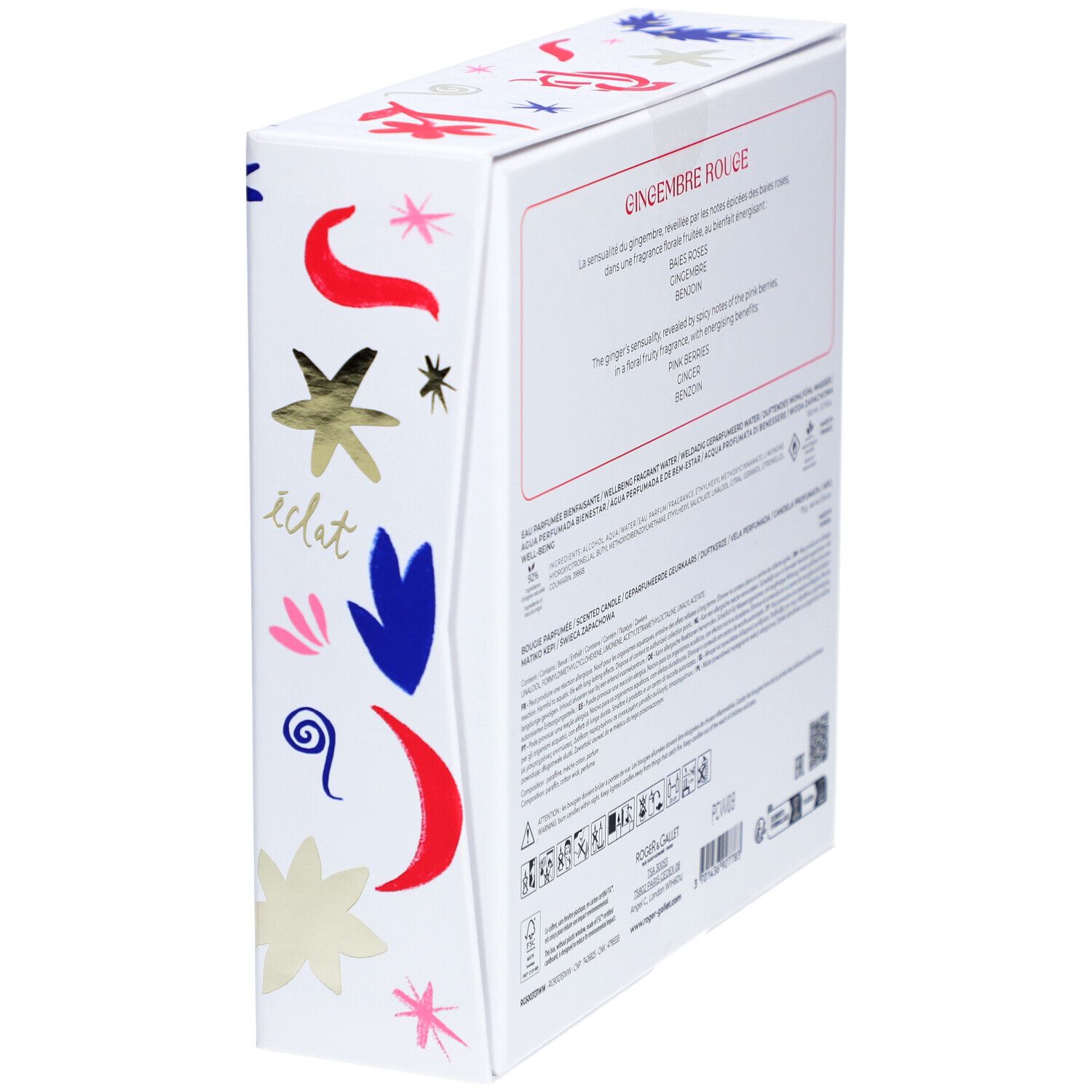 Cadeauset met Eau Parfumée en kaars. Witte verpakking met decoratieve elementen en productnamen.