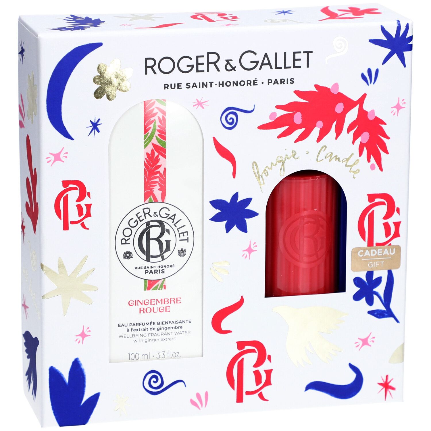 Cadeauset met Eau Parfumée en kaars. Witte verpakking met decoratieve elementen en productnamen.