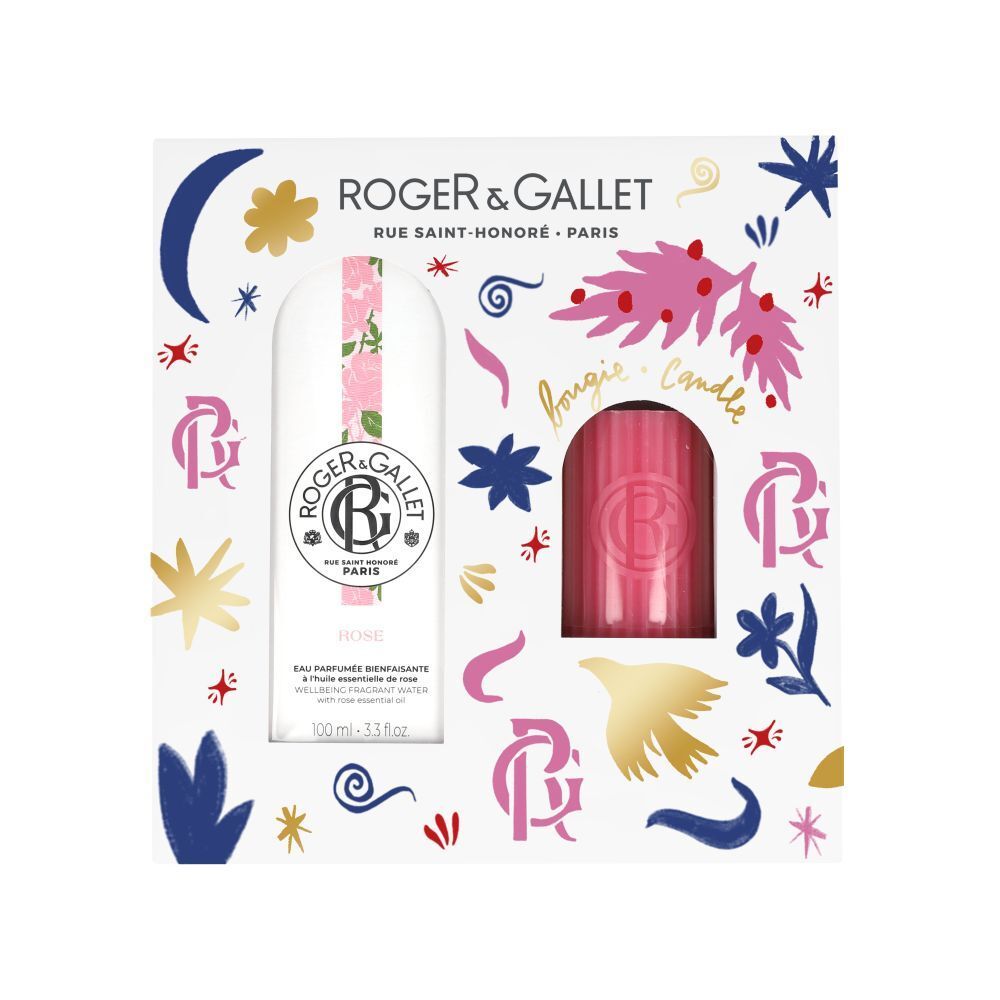 Coffret cadeau avec Eau Parfumée et bougie. Emballage blanc avec éléments floraux et décoratifs. Logo et noms de produits.