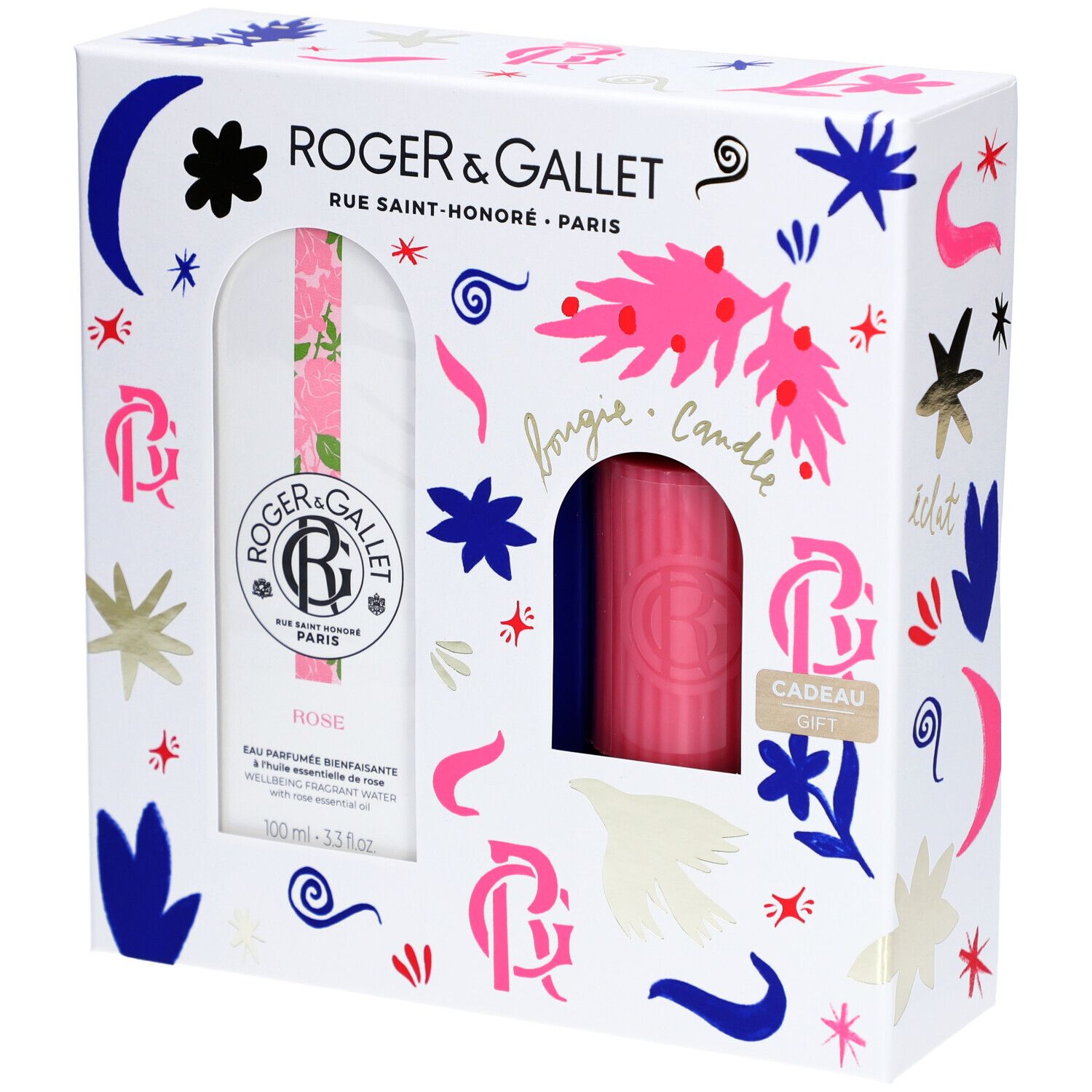 Coffret cadeau avec Eau Parfumée et bougie. Emballage blanc avec éléments floraux et décoratifs. Logo et noms de produits.
