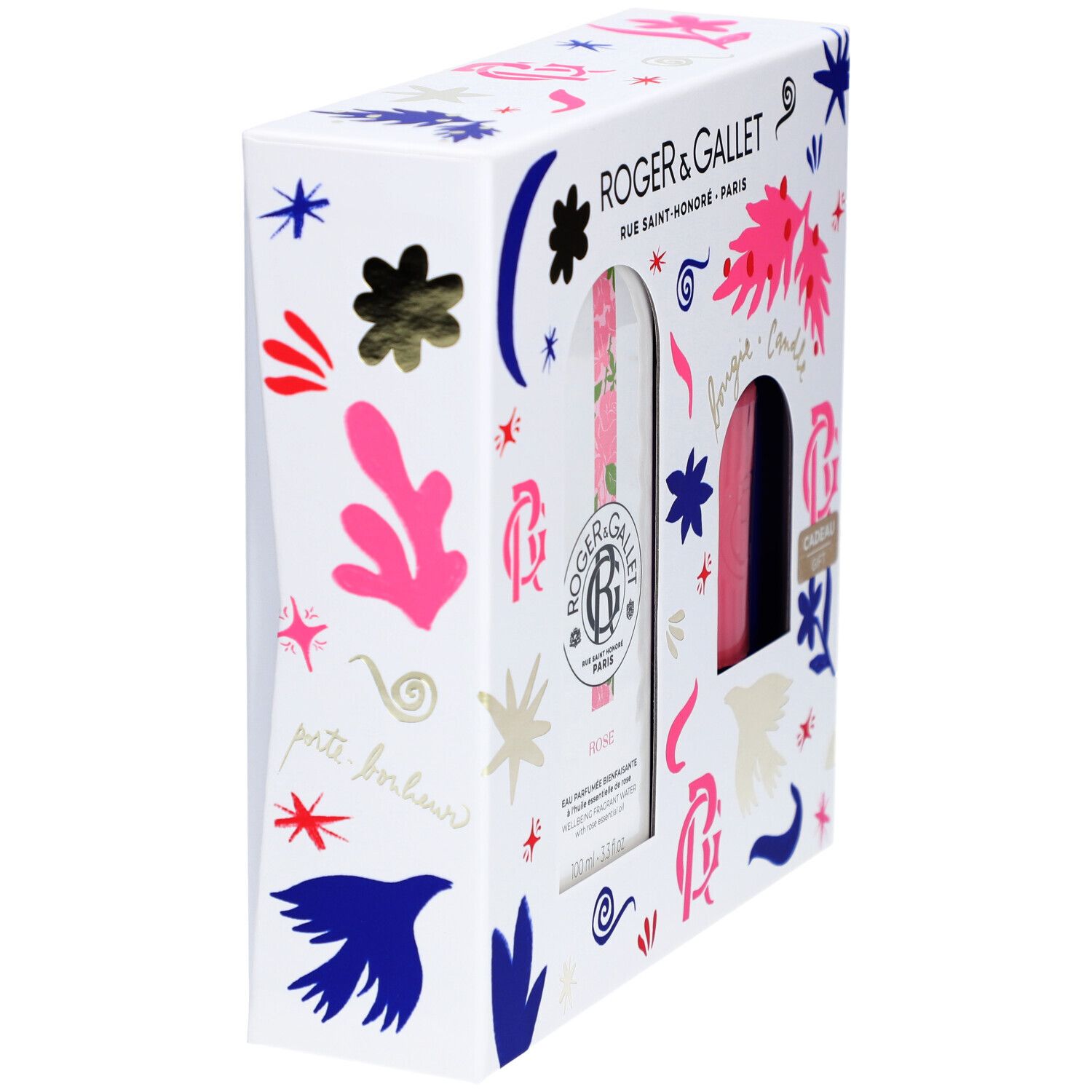 Coffret cadeau avec Eau Parfumée et bougie. Emballage blanc avec éléments floraux et décoratifs. Logo et noms de produits.