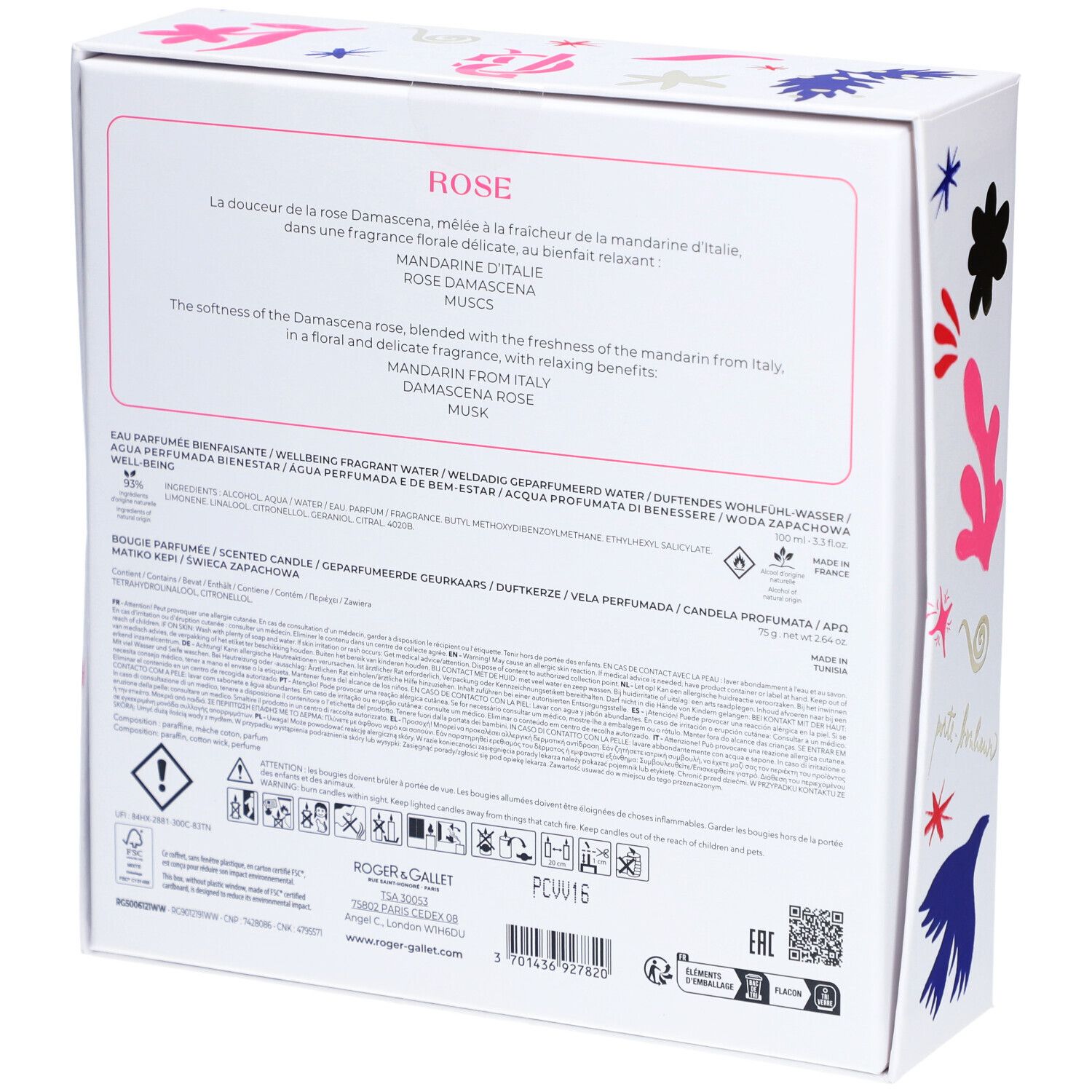 Coffret cadeau avec Eau Parfumée et bougie. Emballage blanc avec éléments floraux et décoratifs. Logo et noms de produits.