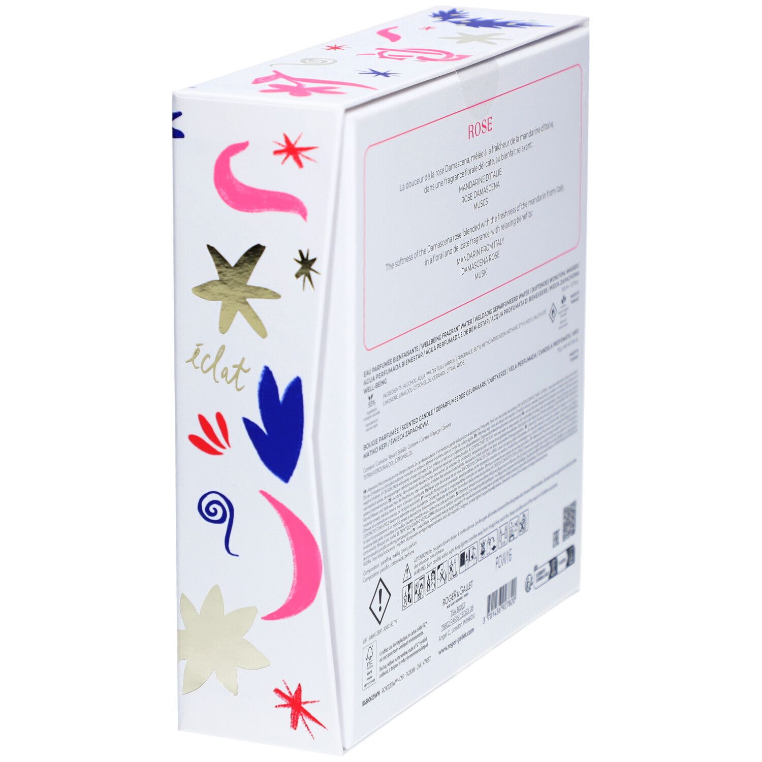 Coffret cadeau avec Eau Parfumée et bougie. Emballage blanc avec éléments floraux et décoratifs. Logo et noms de produits.