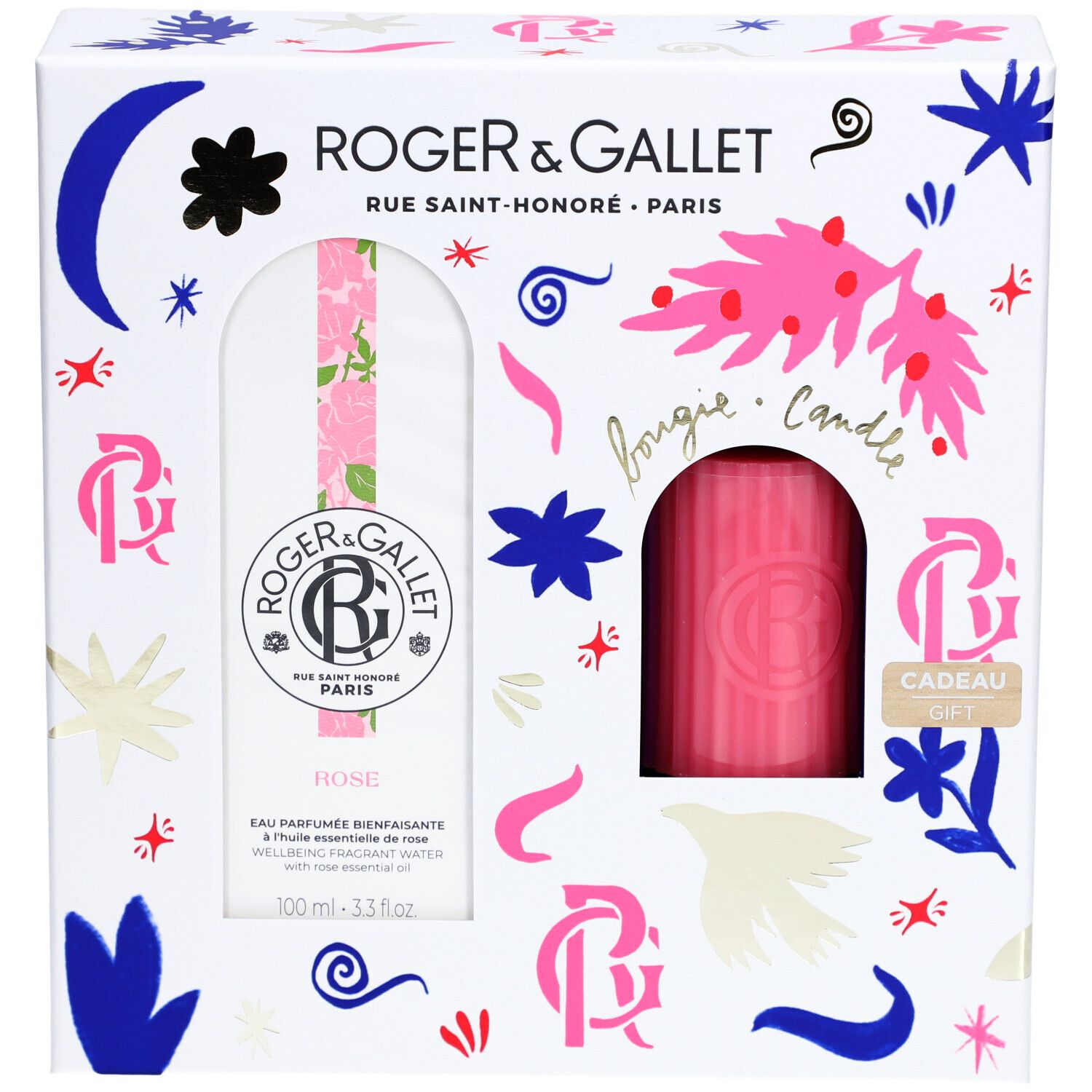 Coffret cadeau avec Eau Parfumée et bougie. Emballage blanc avec éléments floraux et décoratifs. Logo et noms de produits.