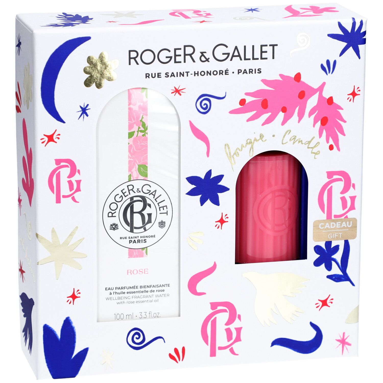 Coffret cadeau avec Eau Parfumée et bougie. Emballage blanc avec éléments floraux et décoratifs. Logo et noms de produits.