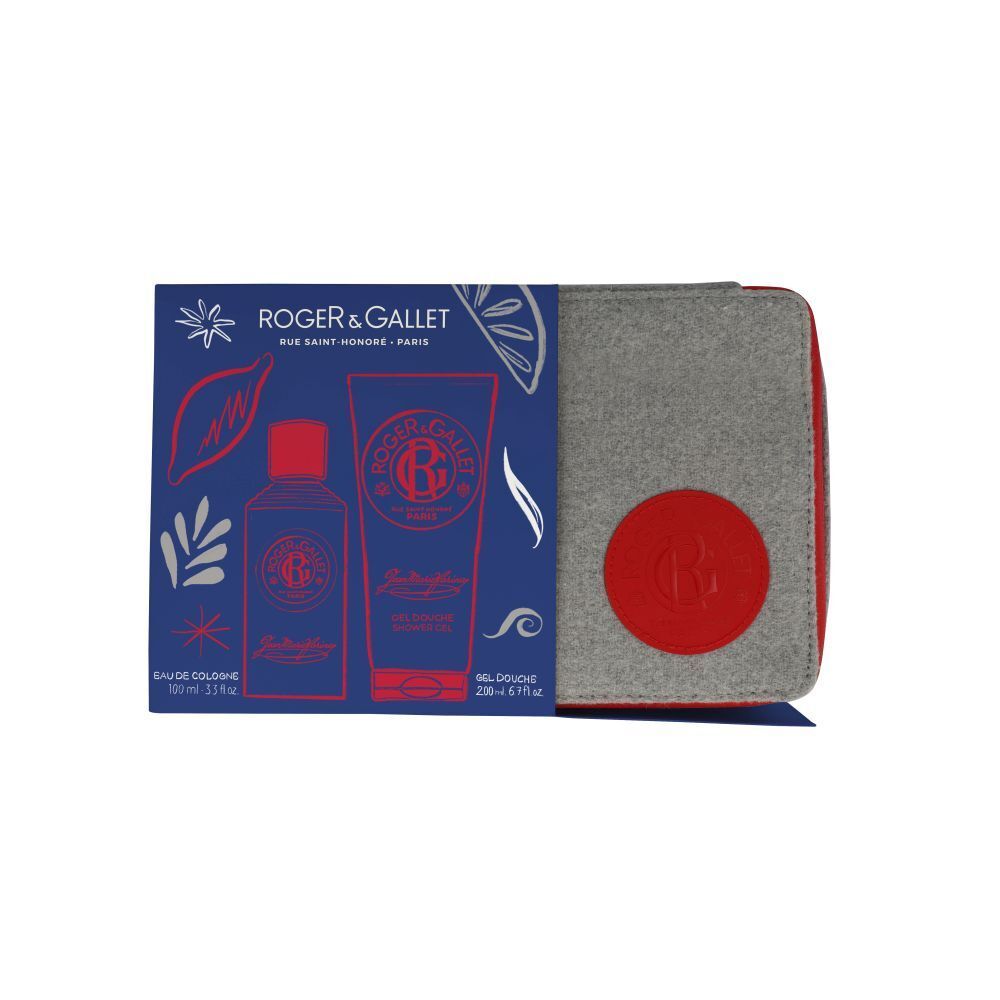 Coffret cadeau avec eau de Cologne et gel douche. Trousse grise avec cercle rouge et fermeture éclair. Boîte bleue avec logo.