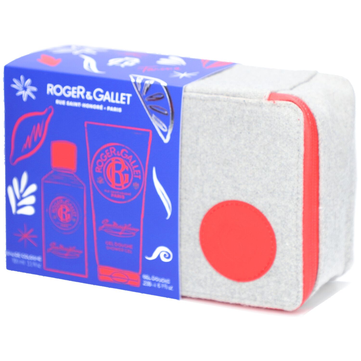 Coffret cadeau avec eau de Cologne et gel douche. Trousse grise avec cercle rouge. Boîte bleue avec logo et produits.