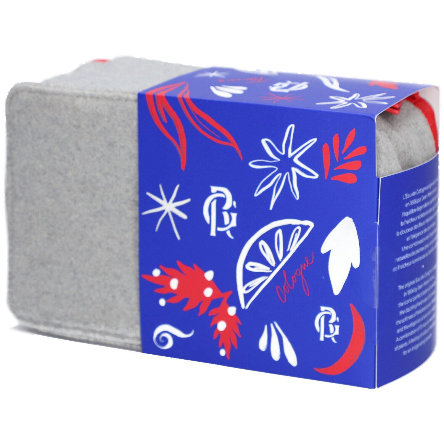 Coffret cadeau avec eau de Cologne et gel douche. Trousse grise avec cercle rouge. Boîte bleue avec logo et produits.