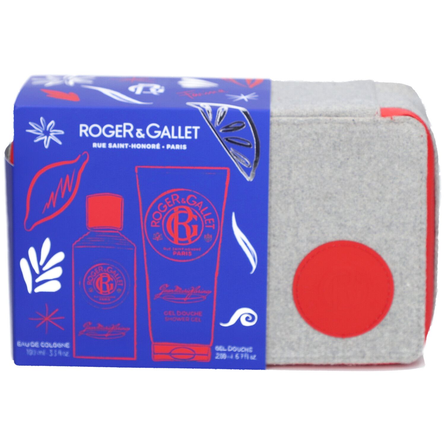 Coffret cadeau avec eau de Cologne et gel douche. Trousse grise avec cercle rouge. Boîte bleue avec logo et produits.