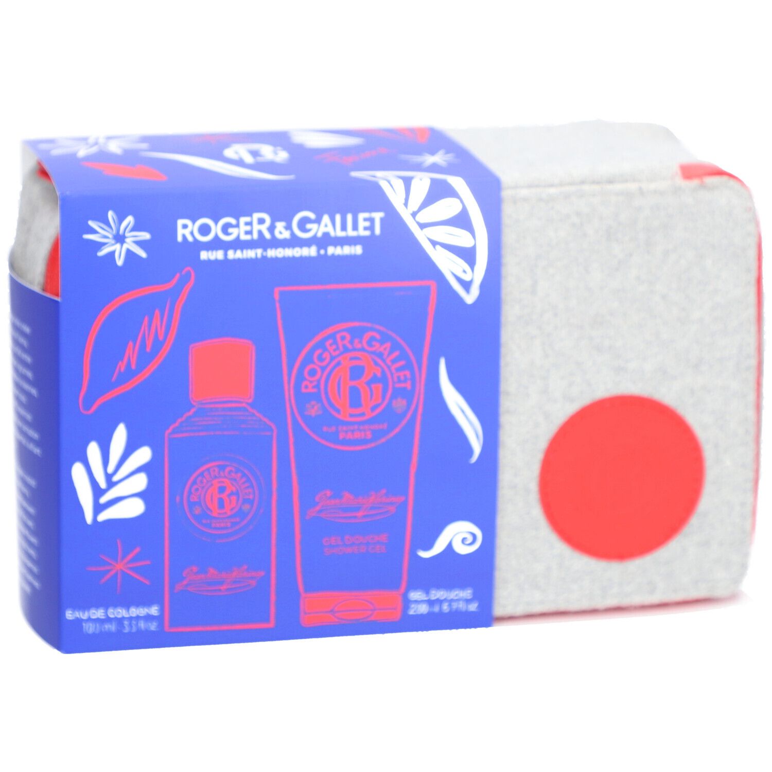 Coffret cadeau avec eau de Cologne et gel douche. Trousse grise avec cercle rouge. Boîte bleue avec logo et produits.