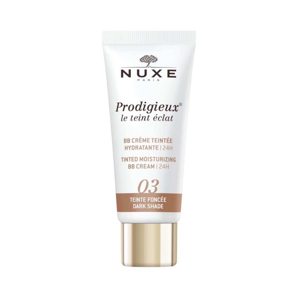 Witte tube met productnaam en tekst. Productnaam: Nuxe Prodigieux. Tint: 03 Teinte Foncée. BB Crème Teintée Hydratante 24h.