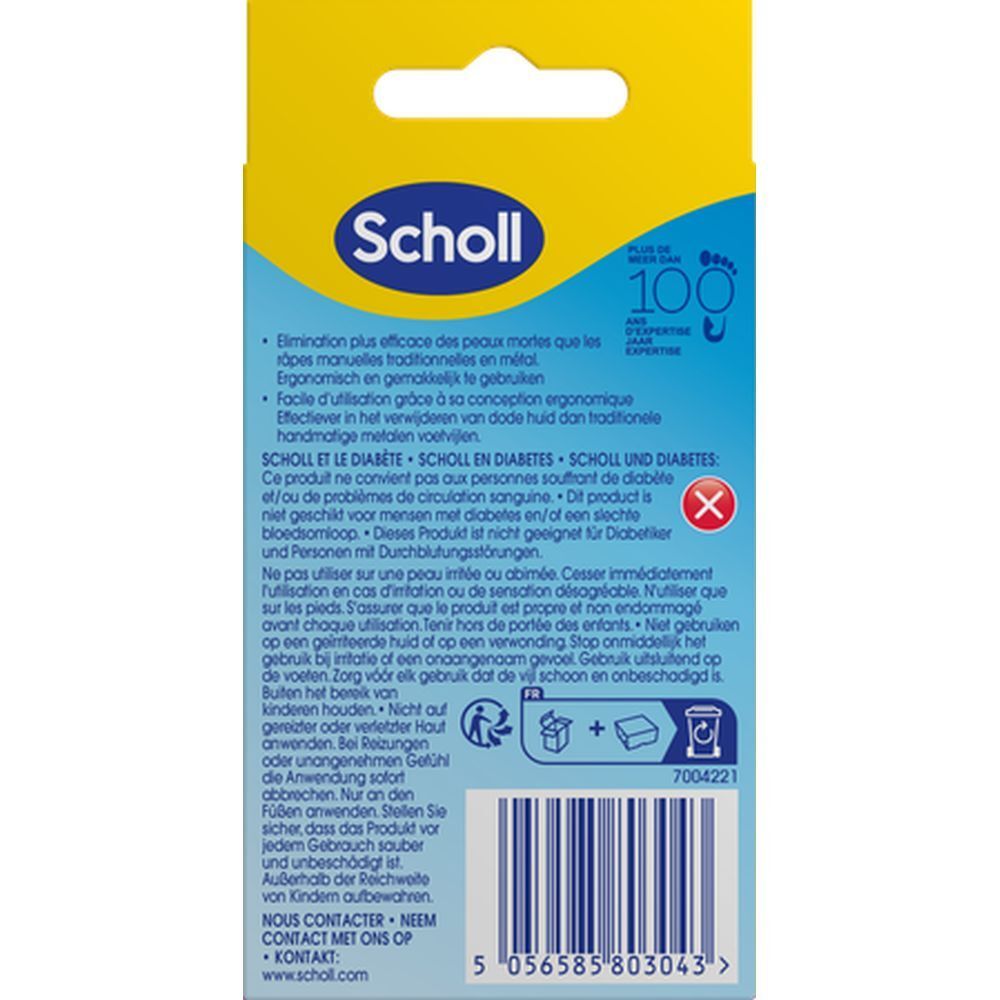 Rückseite der Scholl Râpe Anti-Callosités Verpackung. Text in Deutsch, Französisch, Niederländisch. Warnhinweis für Diabetiker.
