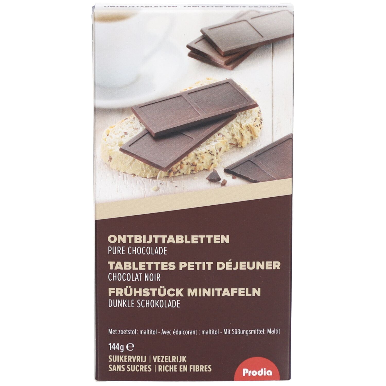 Prodia Frühstückstabletten Zartbitterschokolade: Dunkle Schokoladentafeln auf Brot mit Kaffee.