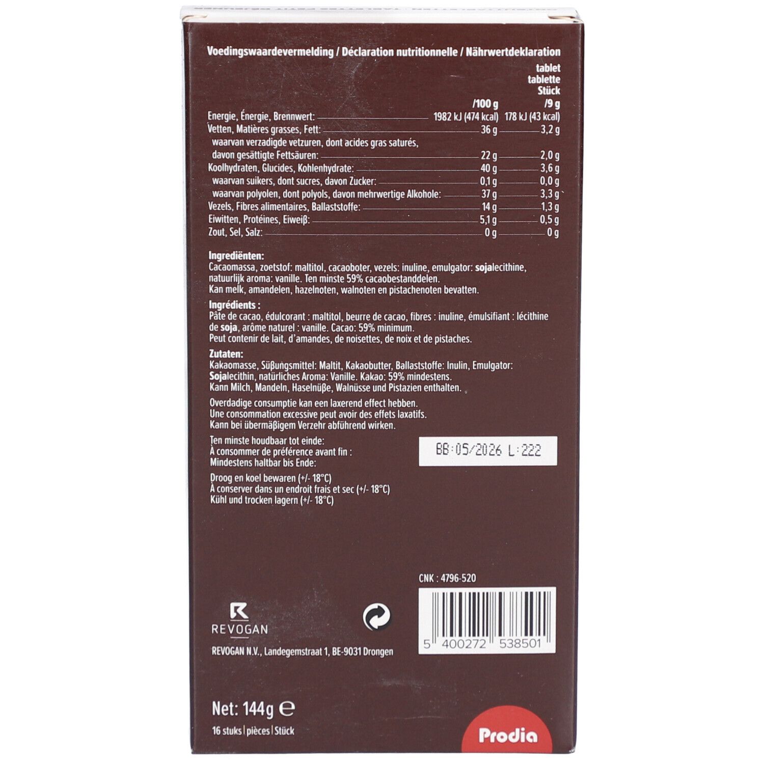 Rückseite der Prodia Frühstückstabletten Zartbitterschokolade-Verpackung mit Nährwertangaben.