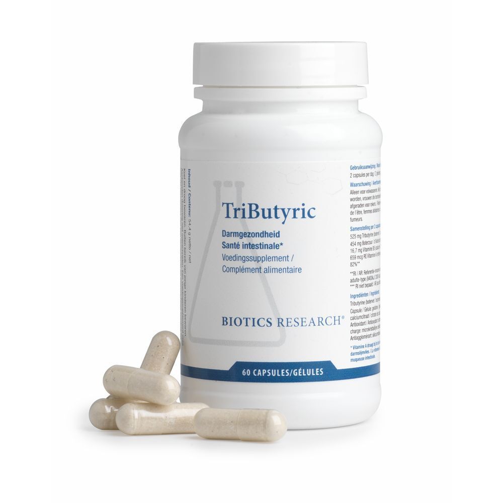 Flacon blanc avec gélules et gélules à côté. Inscription TriButyric, Biotics Research. 60 gélules.