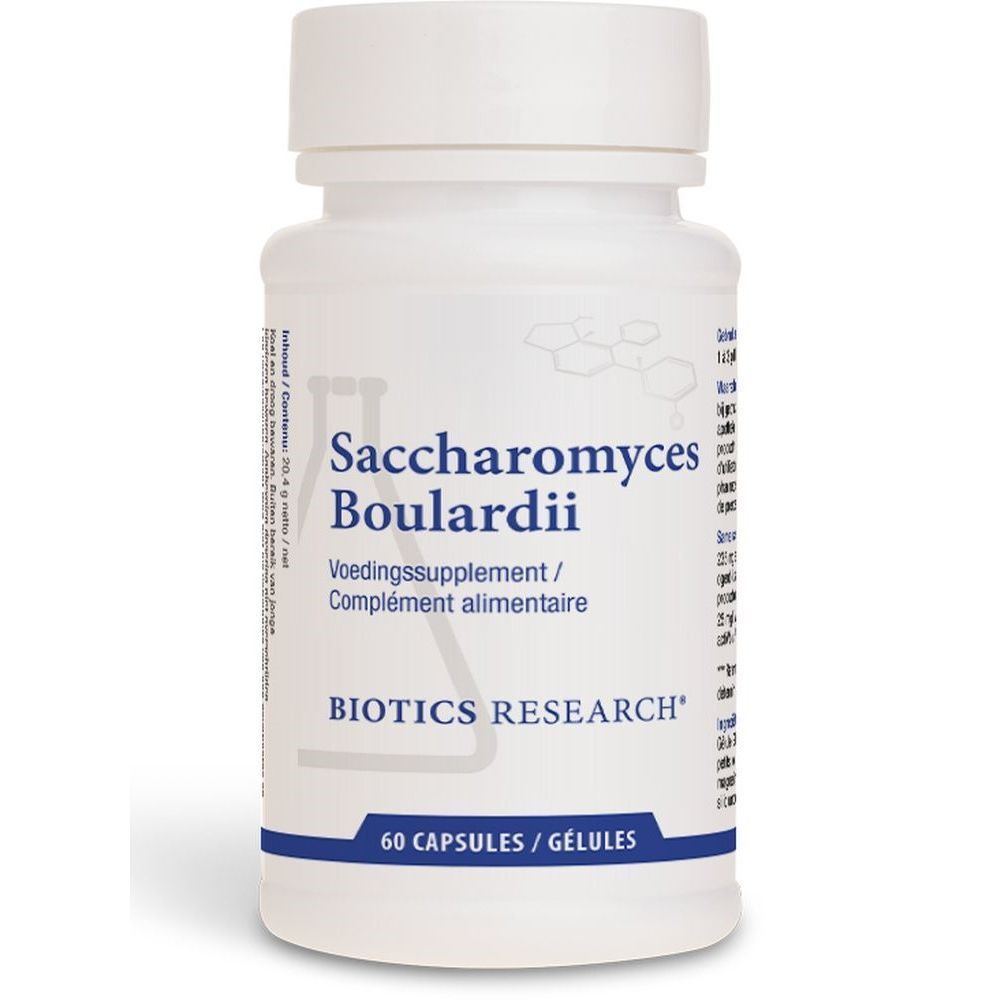 Weiße Flasche mit Kapseln. Aufschrift: Saccharomyces Boulardii, Voedingssupplement, Biotics Research. 60 Kapseln.