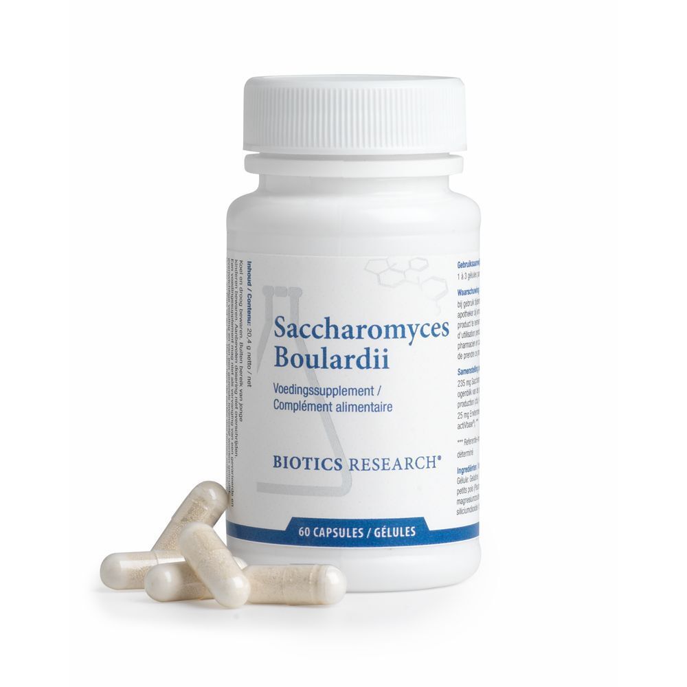 Weiße Flasche mit Kapseln. Aufschrift: Saccharomyces Boulardii, Voedingssupplement, Biotics Research. 60 Kapseln. Daneben Kapseln.