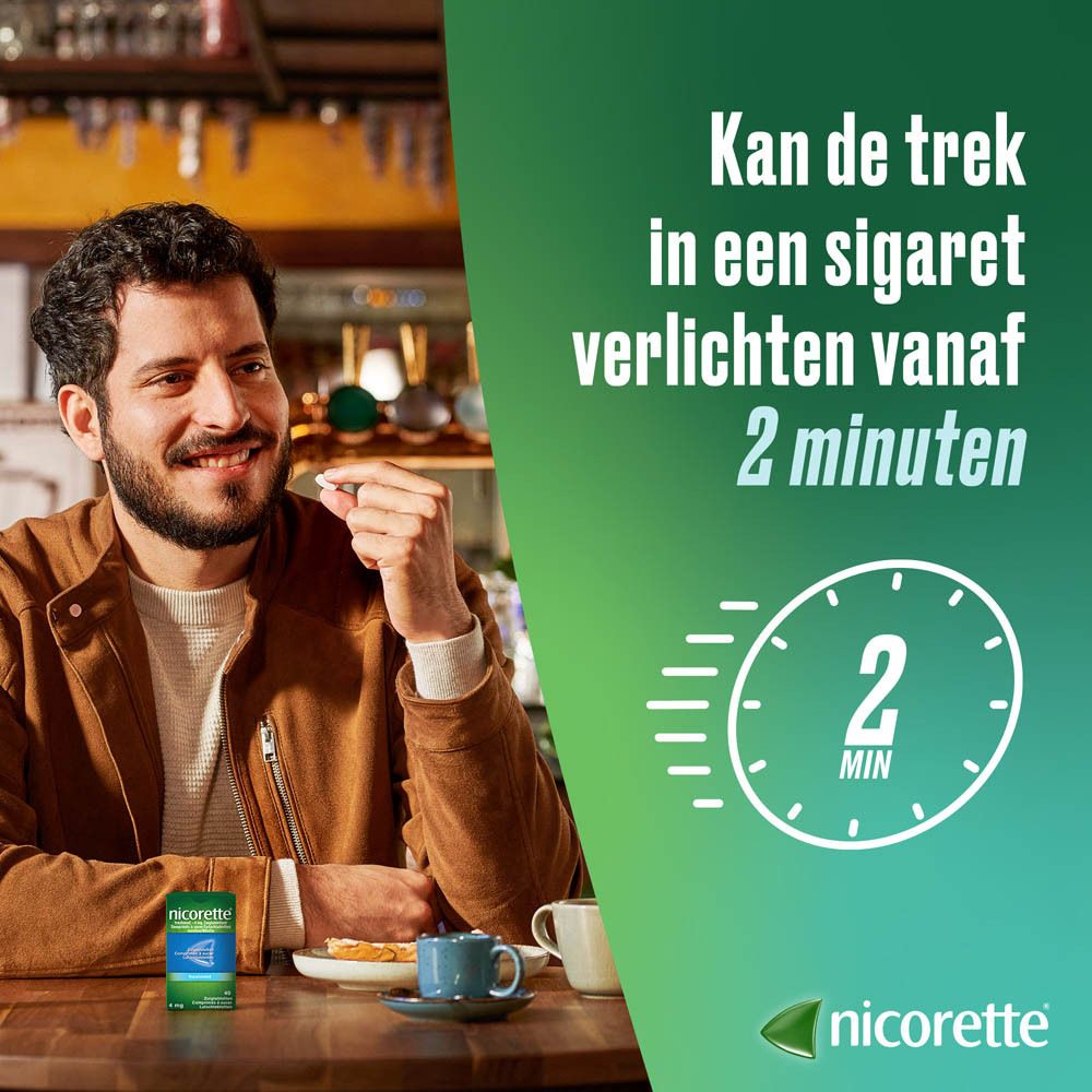Achterkant van de Nicorette Freshmint Zuigtabletten 4mg verpakking met gebruiksinstructies.