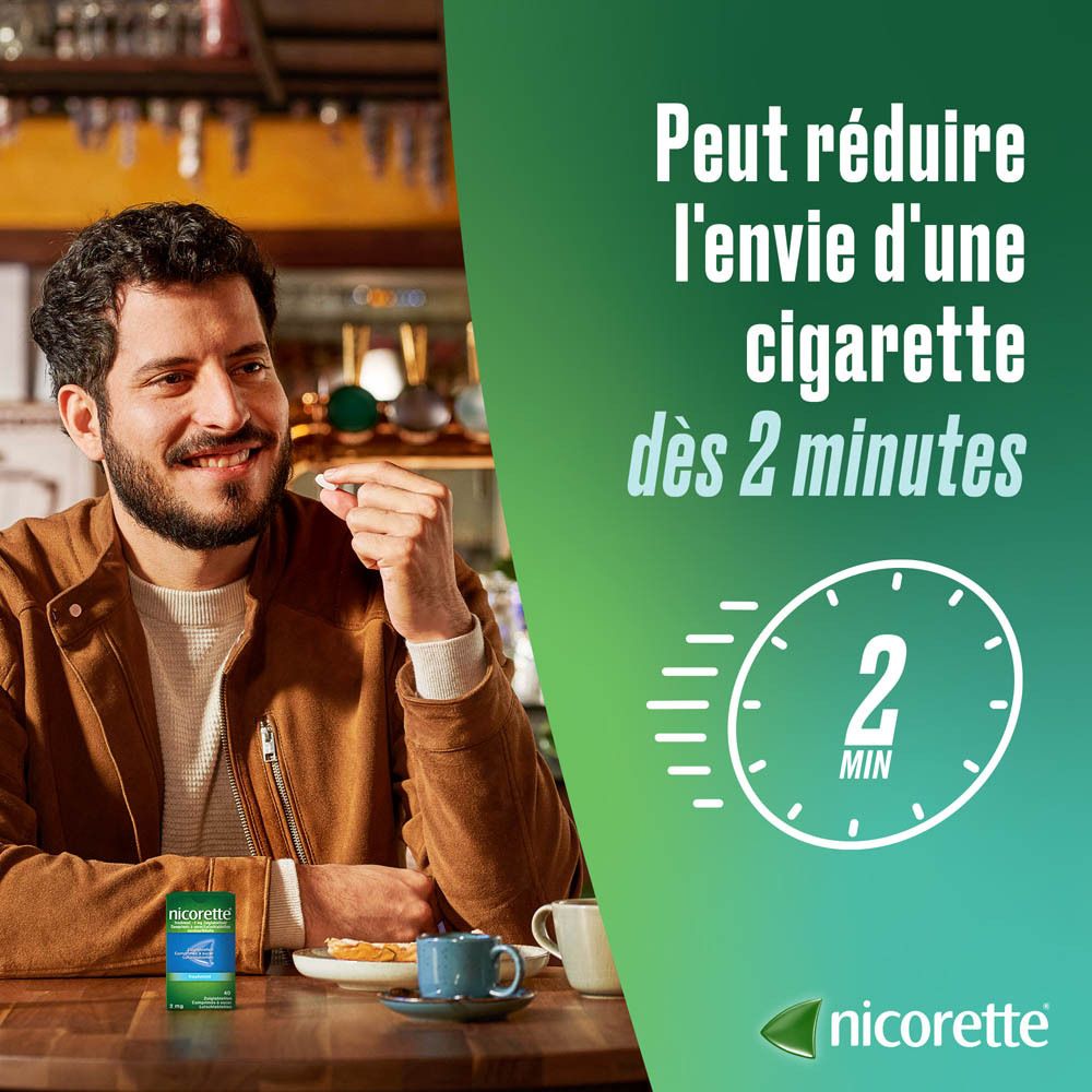 Nicorette Freshmint comprimés à sucer 2mg, dos avec informations d'utilisation.