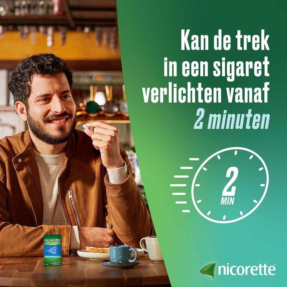 Nicorette Freshmint zuigtabletten 2mg, achterkant met gebruiksinfo.