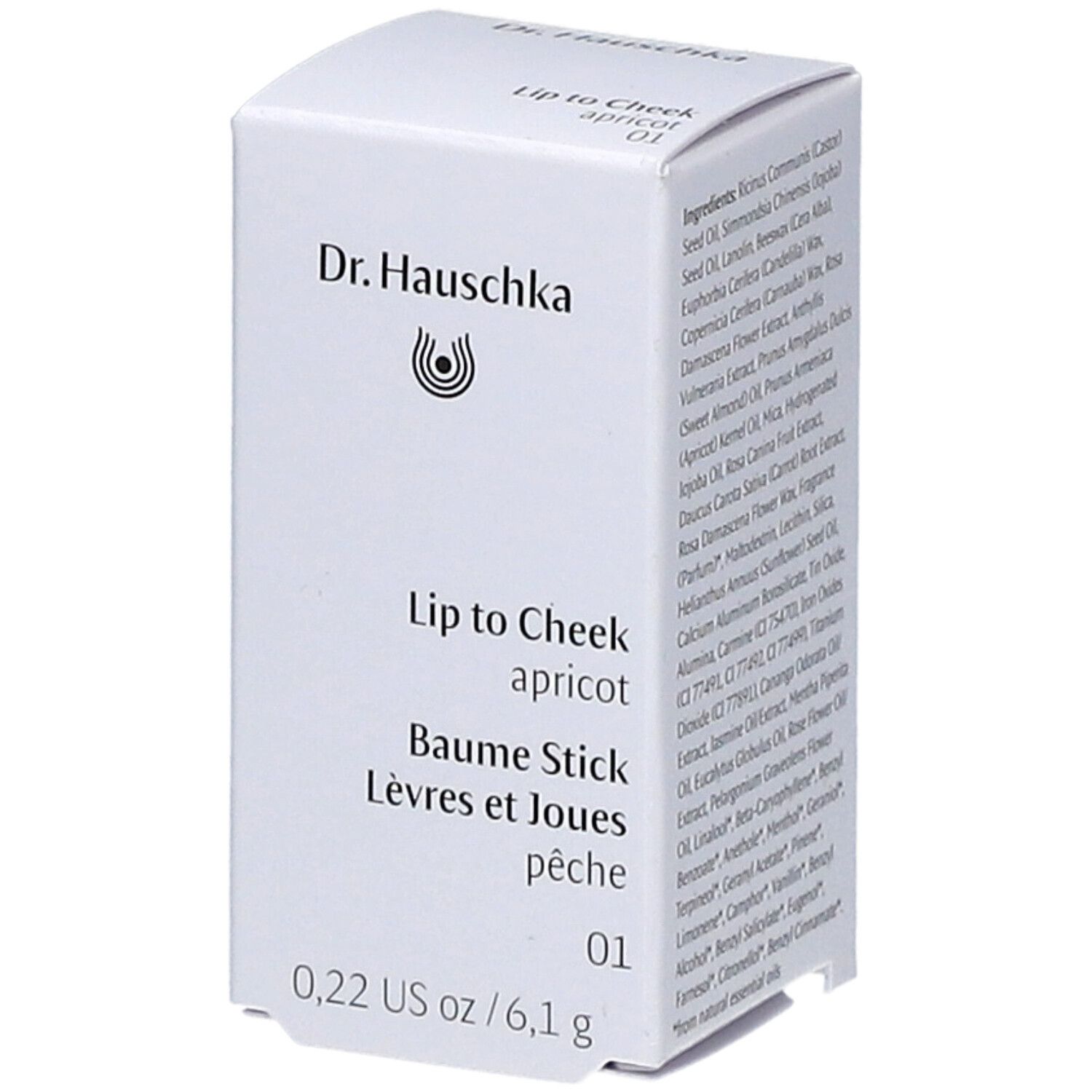Weiße Verpackung mit Produktinformationen. Marke: Dr. Hauschka. Produkt: Lip to Cheek apricot. Größe: 6,1g.