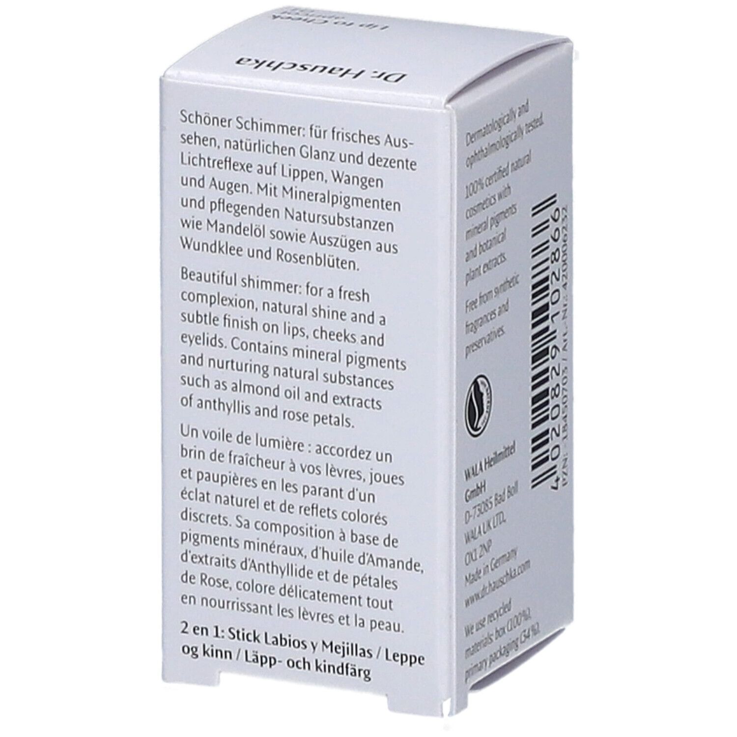 Weiße Verpackung, Text: Schöner Schimmer. Marke: Dr. Hauschka. Produkt: Lip to Cheek apricot. Text: 2 en 1: Stick.