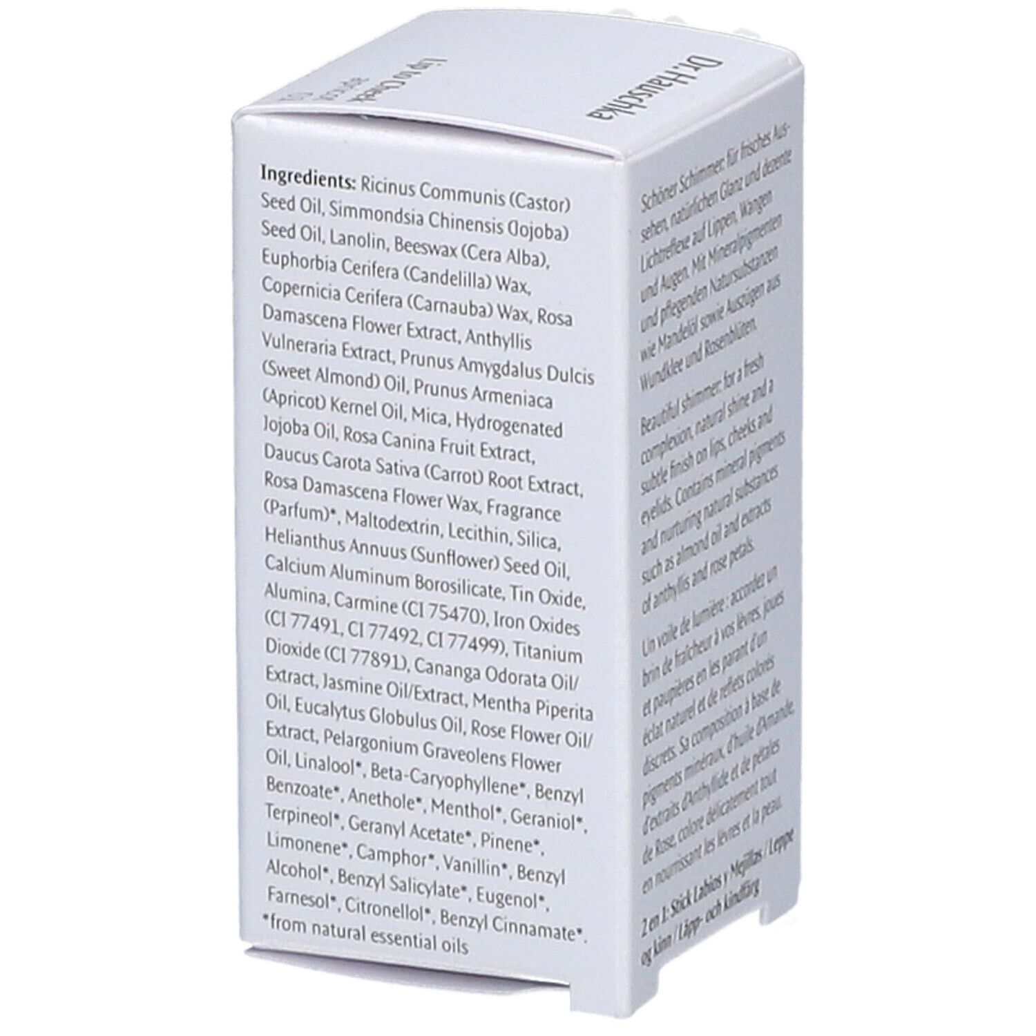 Weiße Verpackung, Text: Inhaltsstoffe. Marke: Dr. Hauschka. Produkt: Lip to Cheek apricot. Text: aus natürlichen ätherischen Ölen.