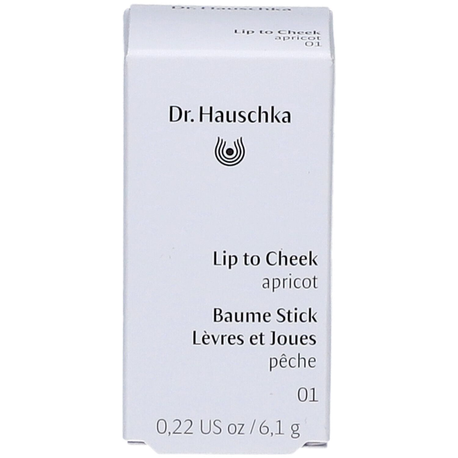 Weiße Verpackung. Marke: Dr. Hauschka. Produkt: Lip to Cheek apricot. Größe: 6,1g. Farbe: 01.