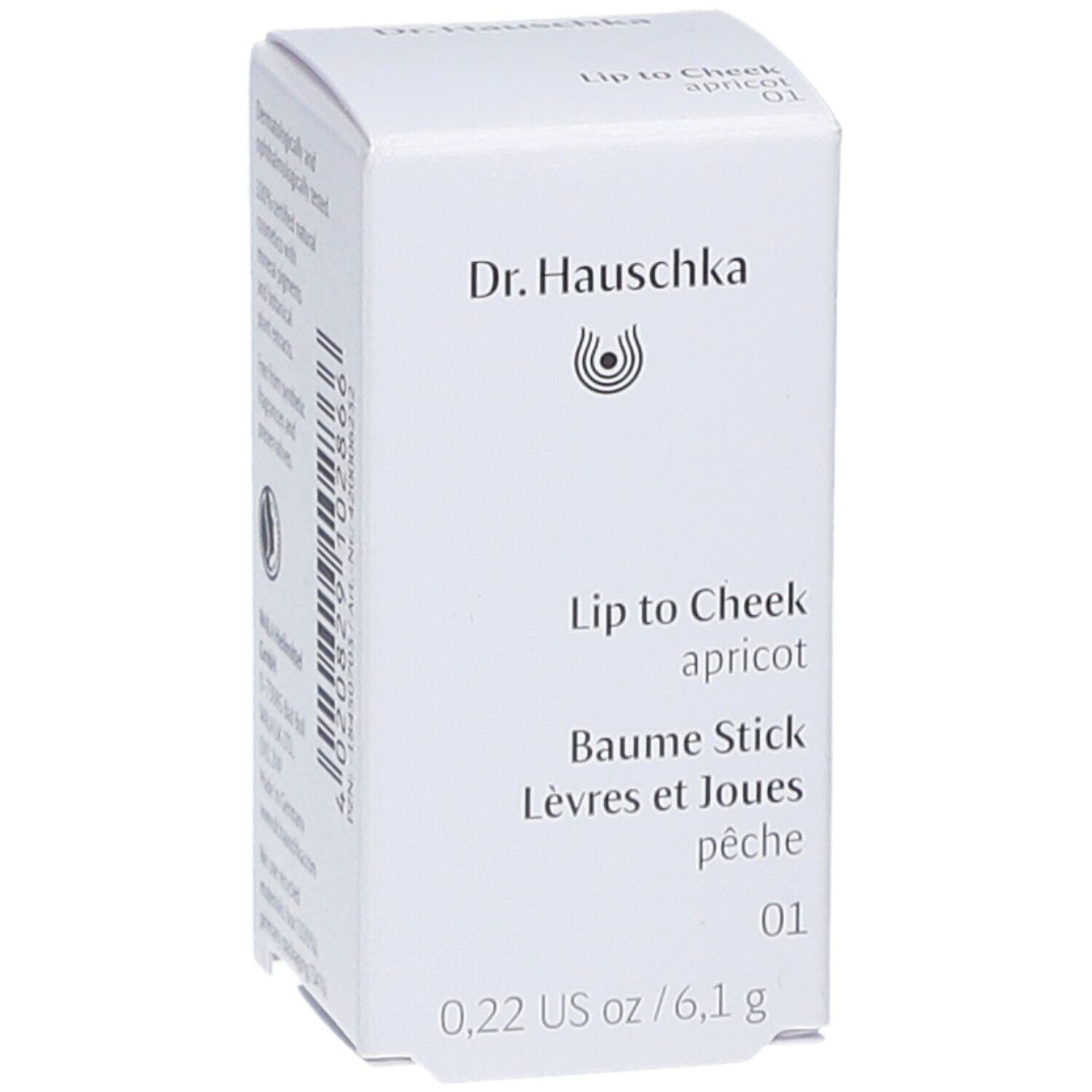 Weiße Verpackung. Marke: Dr. Hauschka. Produkt: Lip to Cheek apricot. Größe: 6,1g. Farbe: 01.