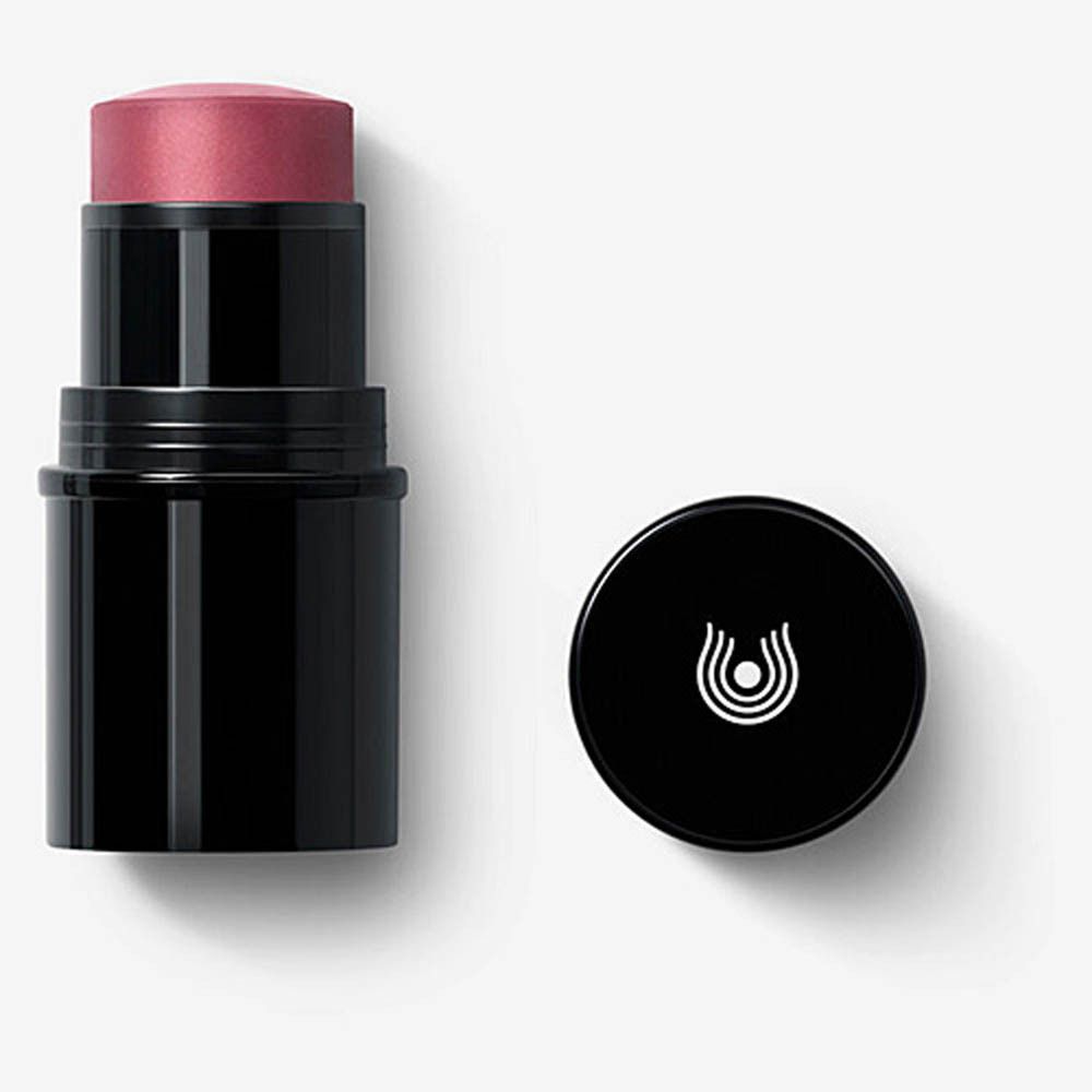 Dr. Hauschka Lip to Cheek 03 rosewood. Zwarte stick met roze product en dop.