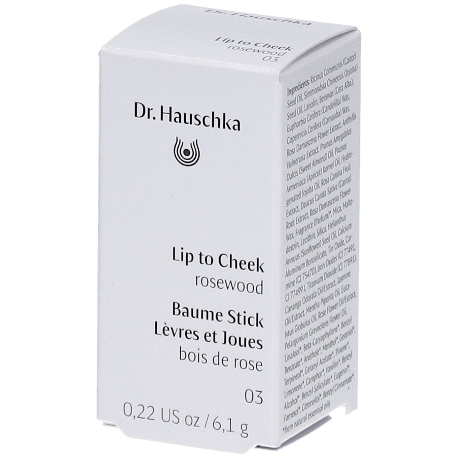Dr. Hauschka Lip to Cheek 03 rosewood. Weiße Verpackung mit Produktinformationen und Inhaltsstoffen.