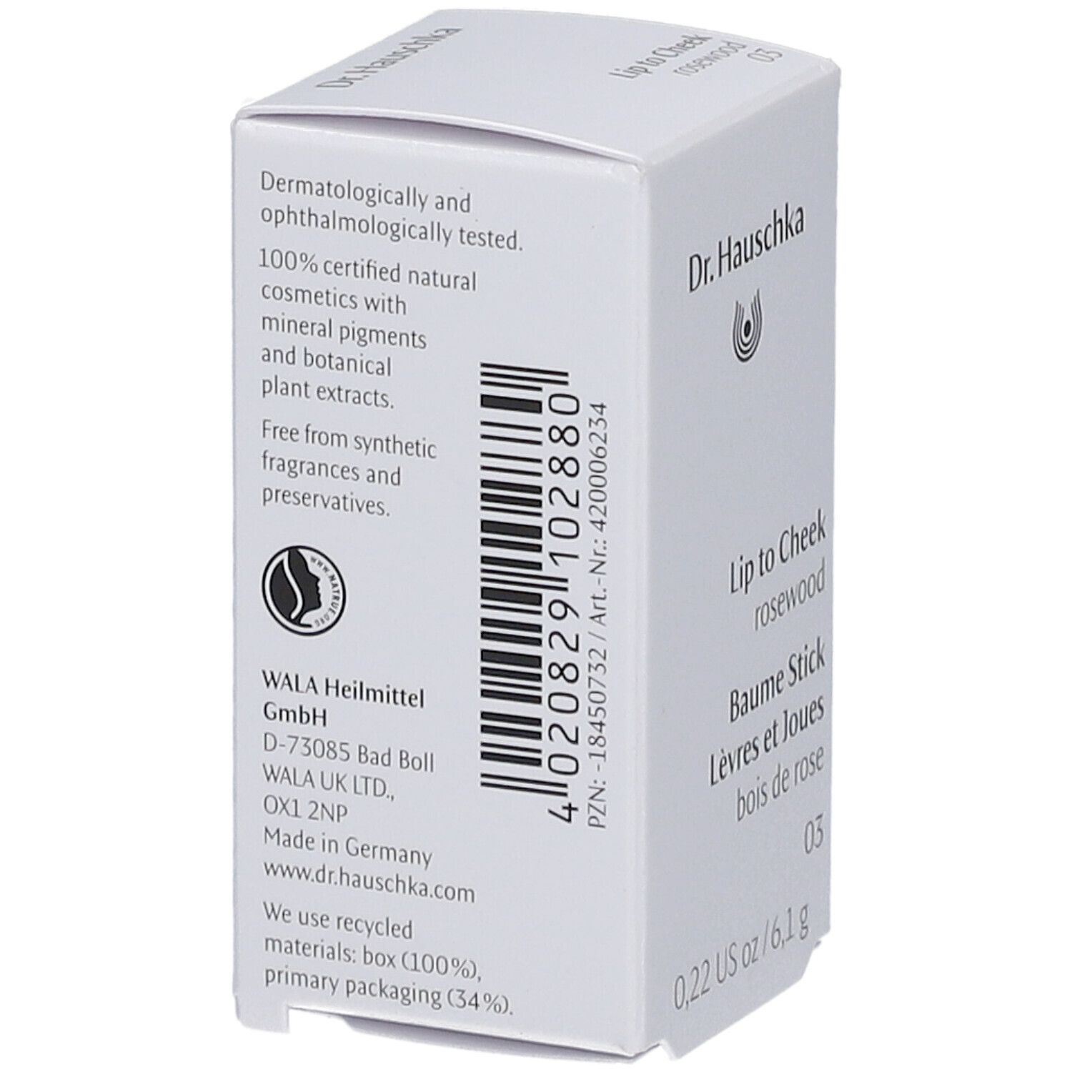 Rückseite der Verpackung von Dr. Hauschka Lip to Cheek 03 rosewood. Text, Barcode und Logo.