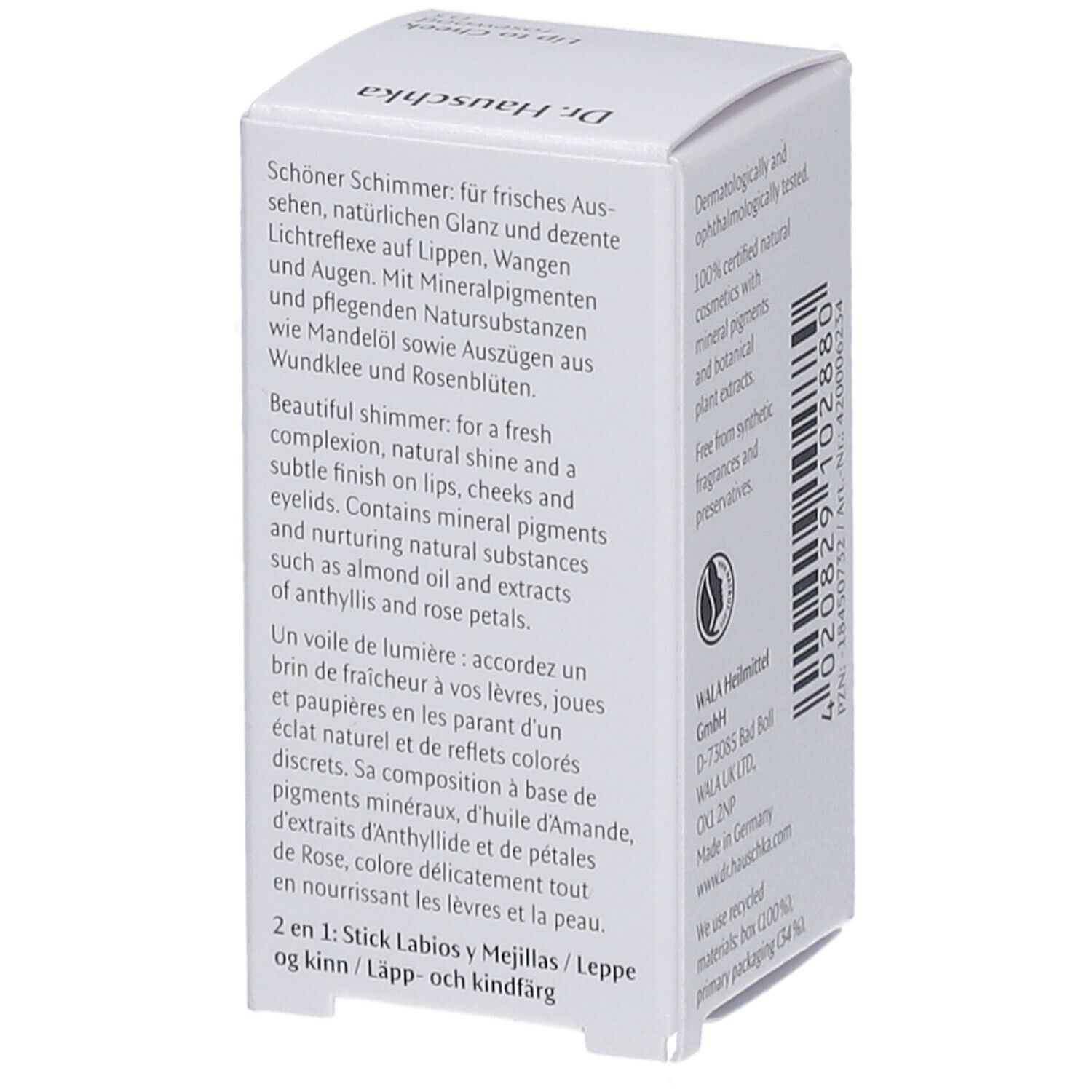 Verpackung von Dr. Hauschka Lip to Cheek 03 rosewood. Text in Deutsch, Englisch, Französisch und Spanisch.