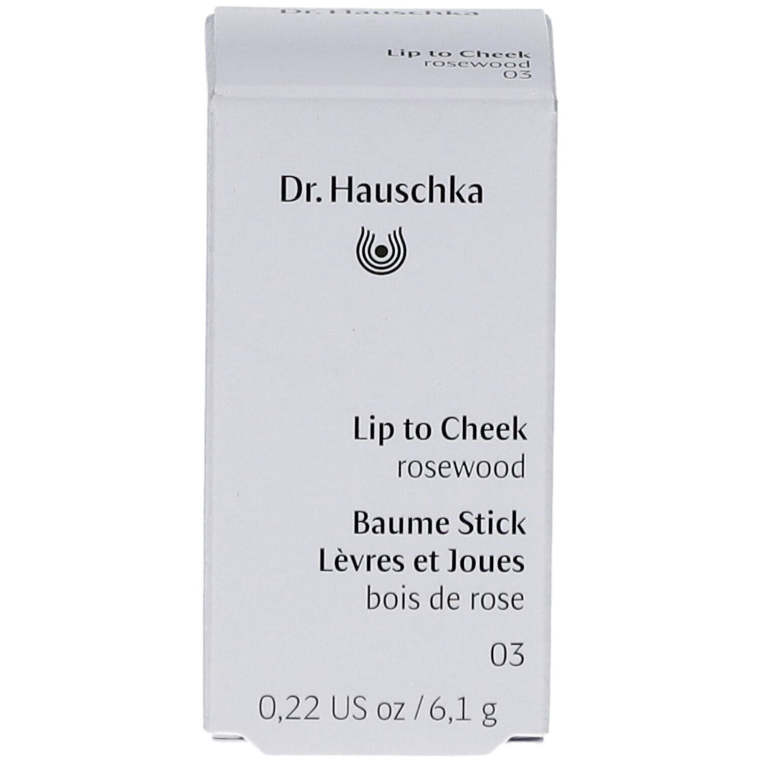Dr. Hauschka Lip to Cheek 03 rosewood. Weiße Verpackung mit Produktinformationen.