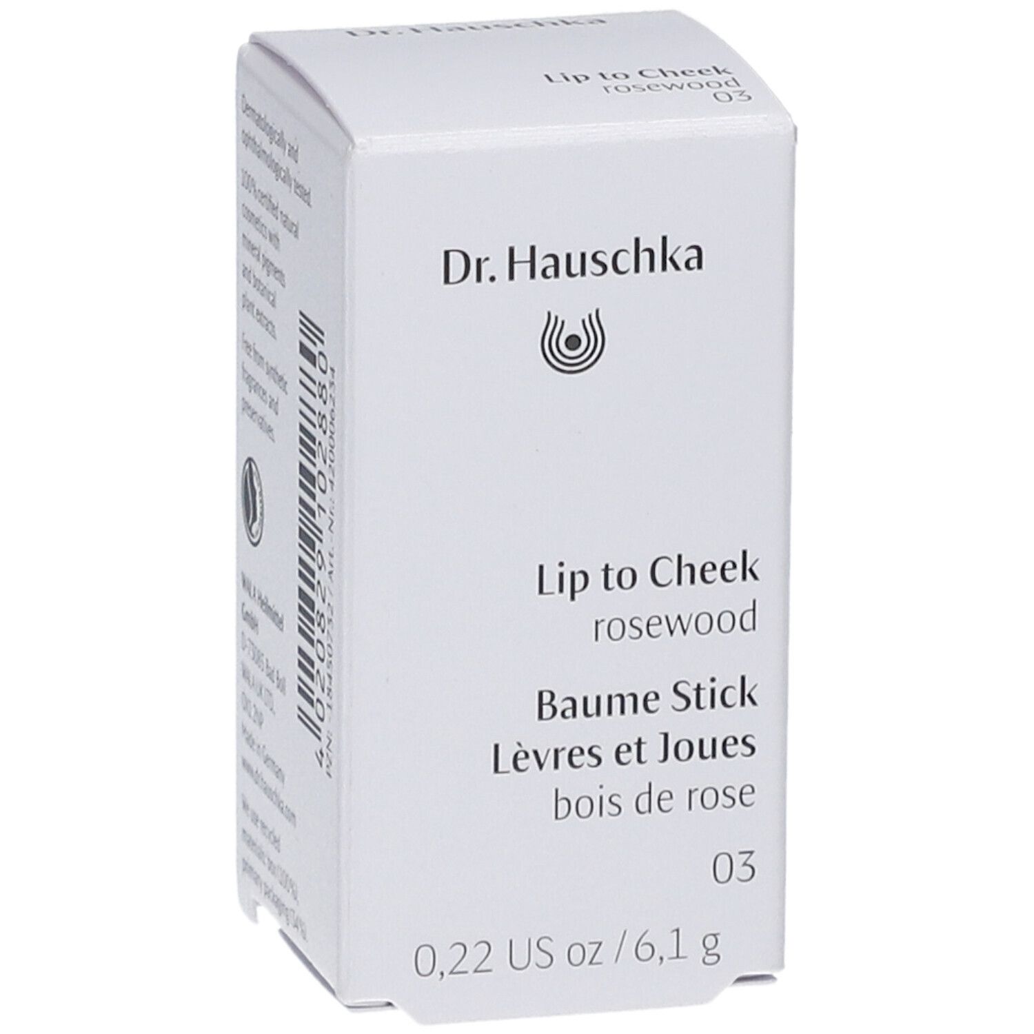 Dr. Hauschka Lip to Cheek 03 rosewood. Weiße Verpackung mit Produktinformationen.