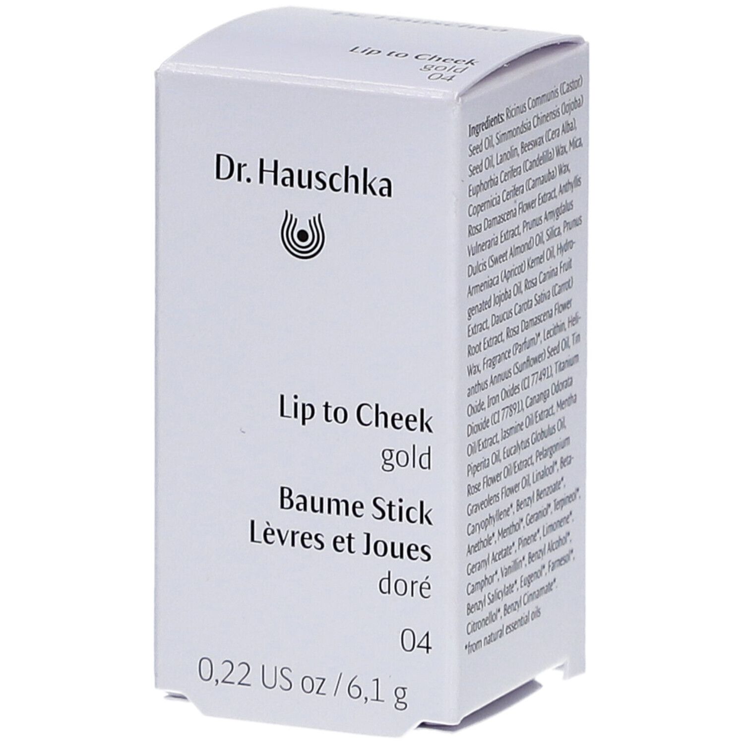Weiße Verpackung. Aufschrift: Dr. Hauschka, Lip to Cheek gold, Baume Stick, Lèvres et Joues doré, 04. 0,22 US oz / 6,1 g.