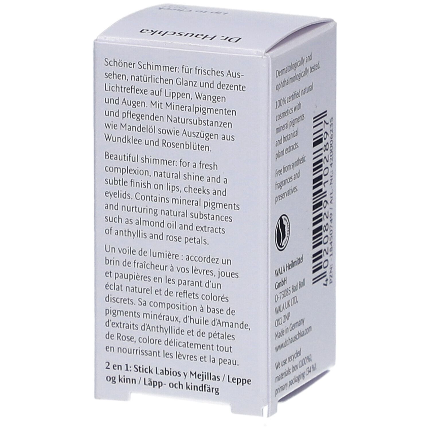 Weiße Verpackung. Text: Schöner Schimmer, natürliche Glanzreflexe, mineralische Pigmente. Text in Deutsch, Englisch und Französisch.