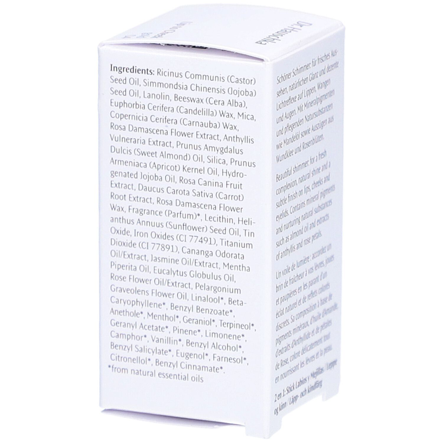Weiße Verpackung. Auflistung der Inhaltsstoffe. Text in englischer Sprache.