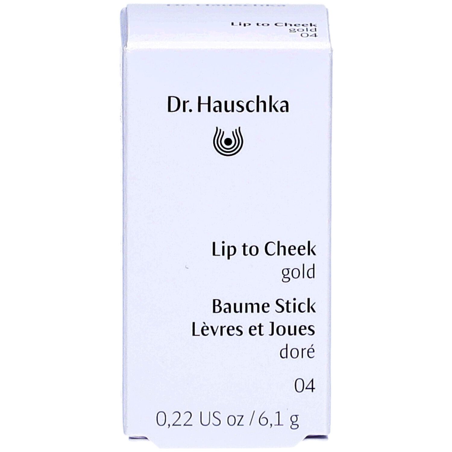 Weiße Verpackung. Aufschrift: Dr. Hauschka, Lip to Cheek gold, Baume Stick, Lèvres et Joues doré, 04. 0,22 US oz / 6,1 g.