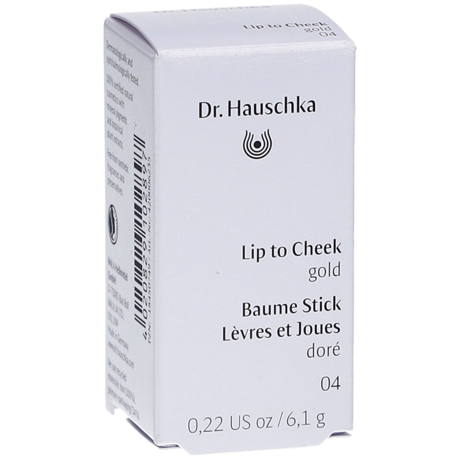 Weiße Verpackung. Aufschrift: Dr. Hauschka, Lip to Cheek gold, Baume Stick, Lèvres et Joues doré, 04. 0,22 US oz / 6,1 g.