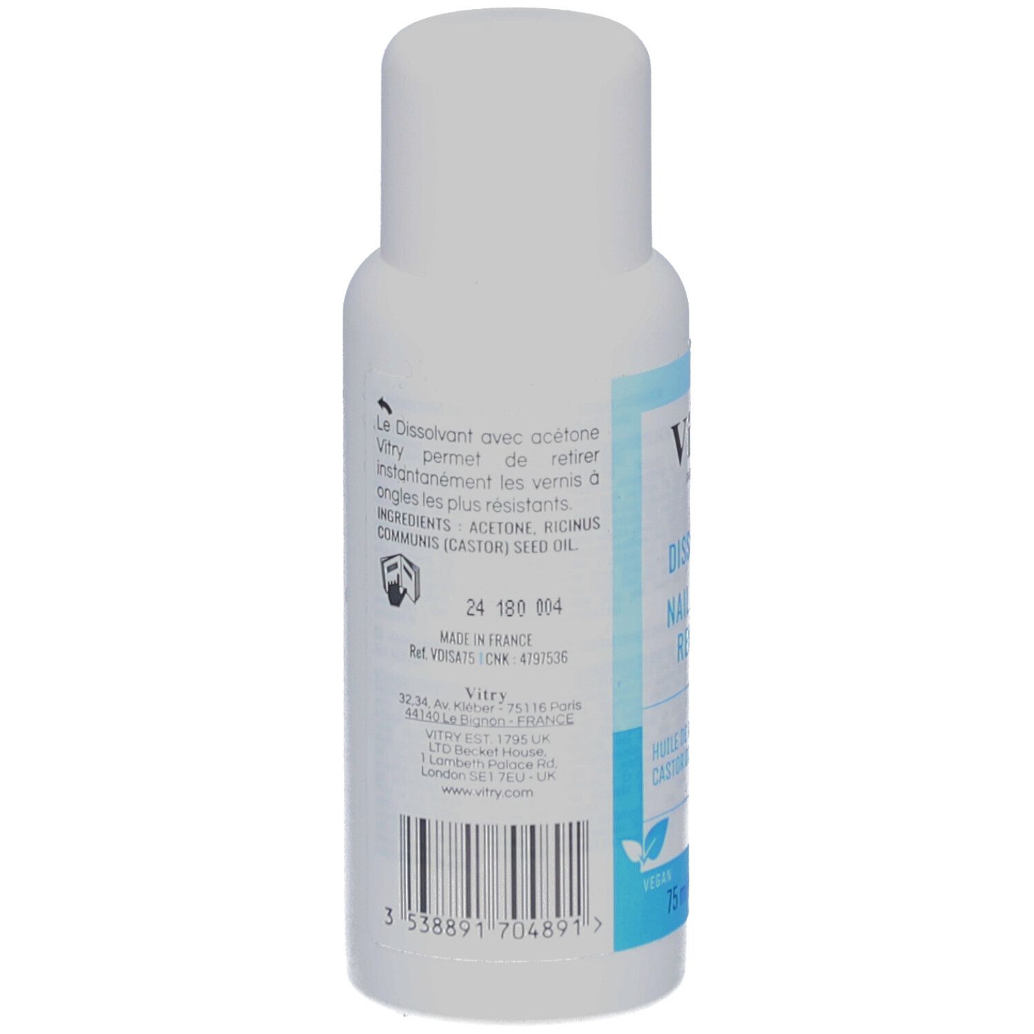 Rückseite der weißen Flasche. Aufschrift: Vitry, Inhaltsstoffe, Barcode, vegan-Logo. Hergestellt in Frankreich.