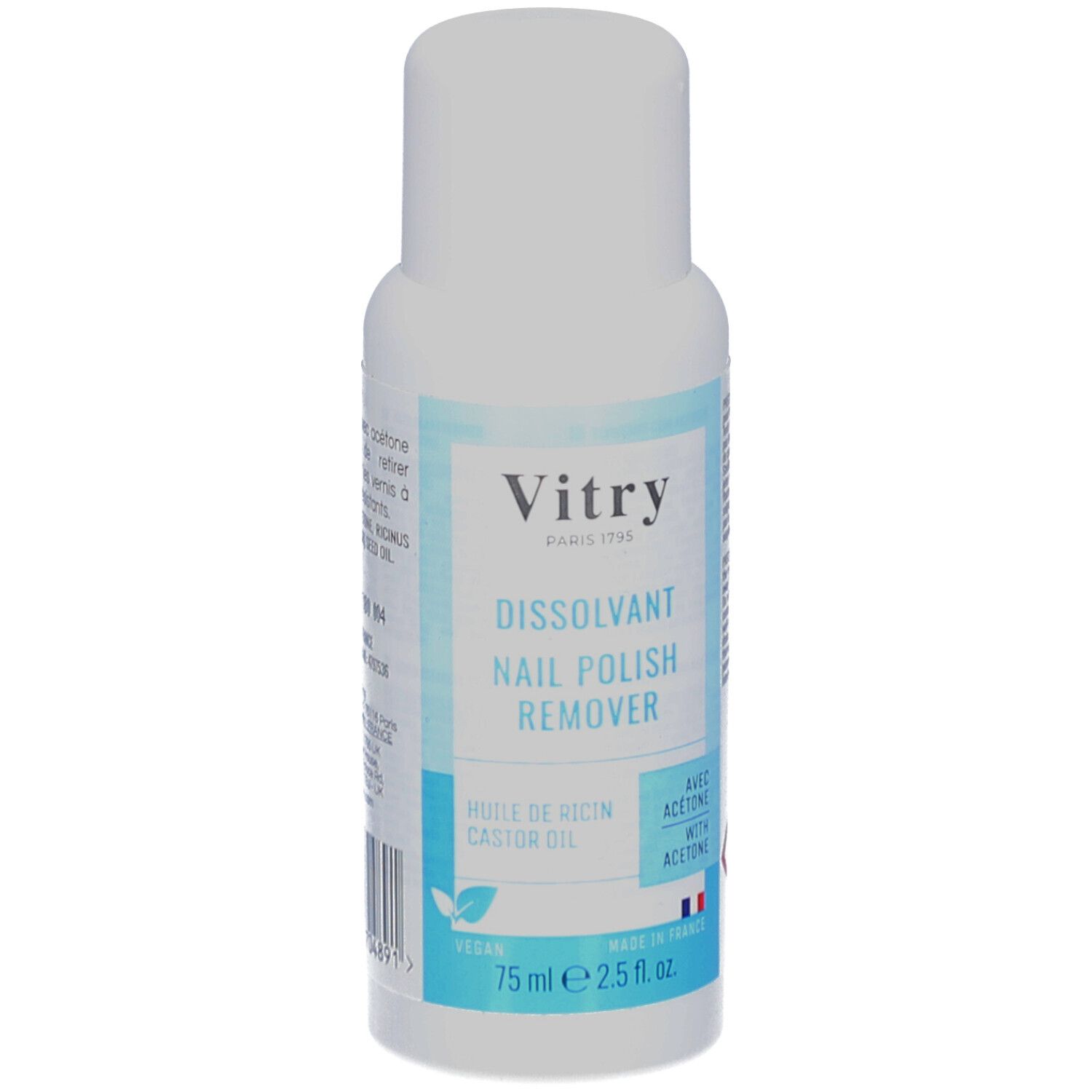 Weiße Flasche mit blauem Etikett. Aufschrift: Vitry, Dissolvant Nail Polish Remover, 75 ml, vegan. Mit Aceton.
