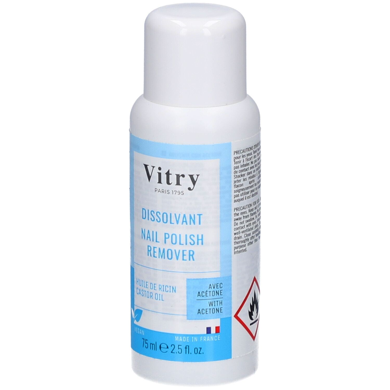 Weiße Flasche mit blauem Etikett. Aufschrift: Vitry, Dissolvant Nail Polish Remover, 75 ml, vegan. Mit Aceton. Gefahrenhinweis.