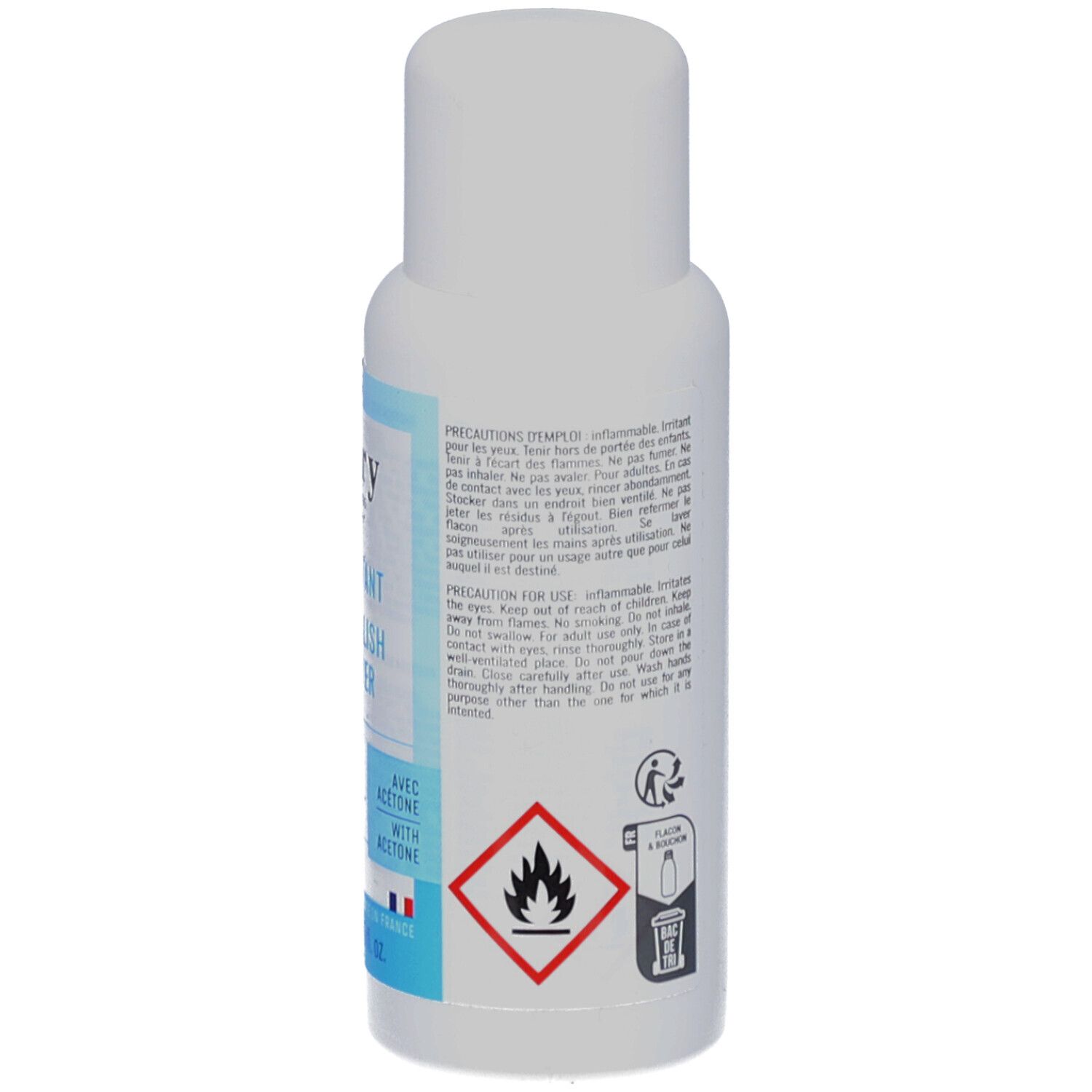 Rückseite der weißen Flasche. Aufschrift: Vorsichtsmaßnahmen, Gefahrenhinweis, Piktogramme. Hergestellt in Frankreich.