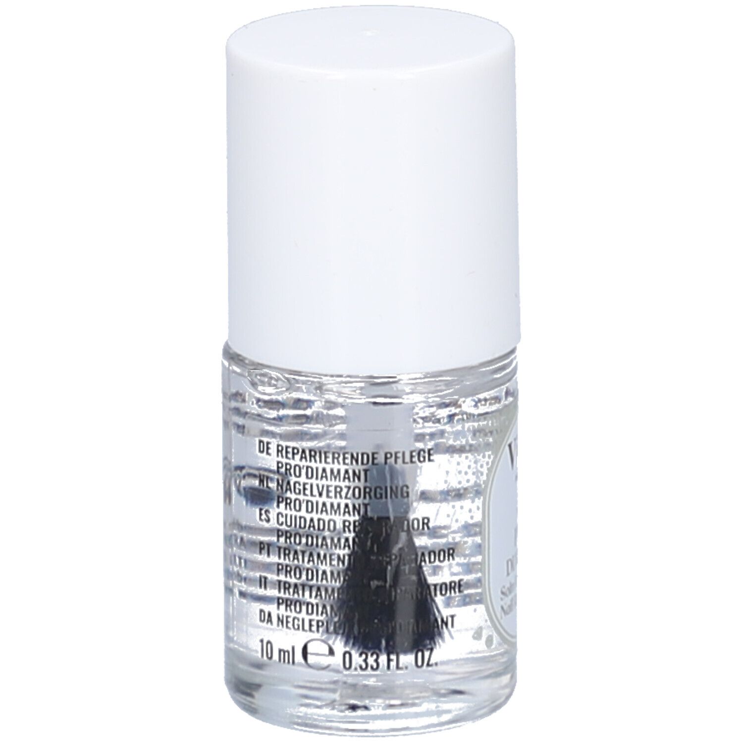 Nagellackflakon mit Pinsel. Aufschrift: Pro Diamant, verschiedene Sprachen.