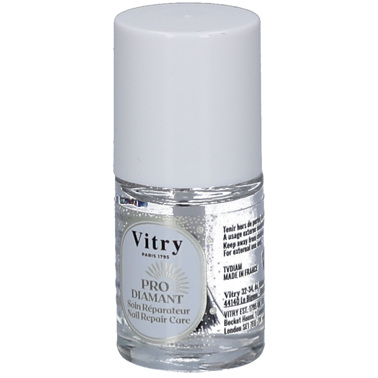 Nagellackflakon mit weißem Deckel. Etikett mit Produktnamen und Marke Vitry.
