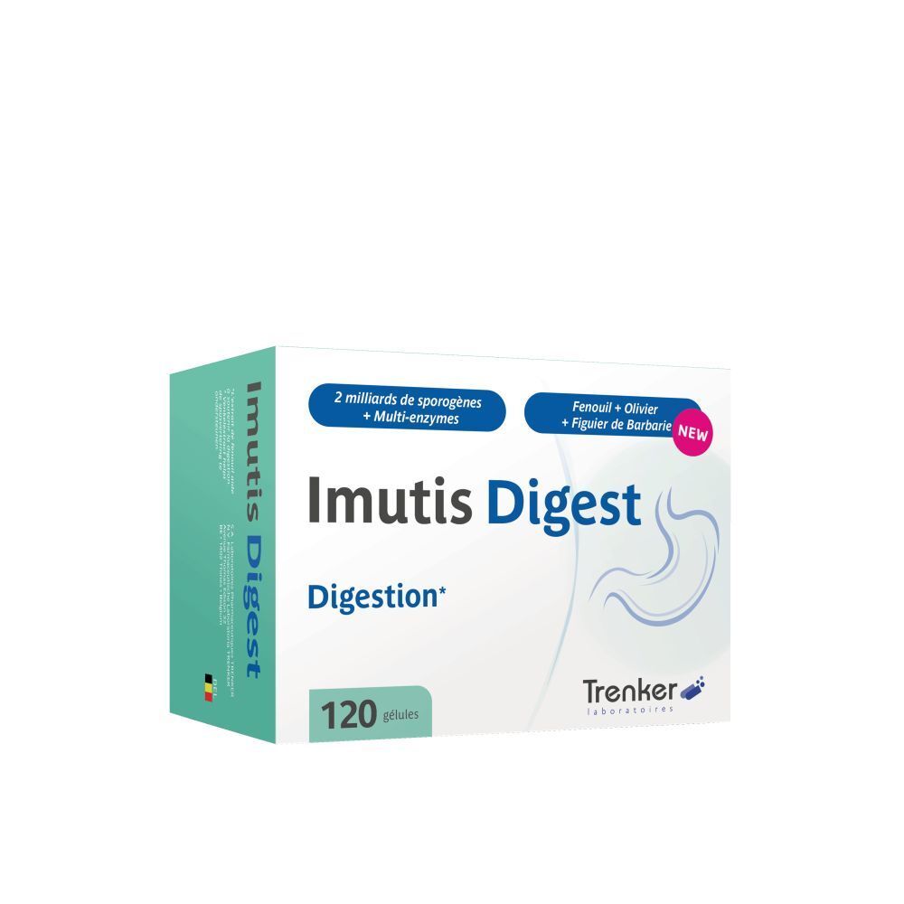 Boîte Imutis Digest, 120 gélules. Inscription: Digestion. Marque Trenker.