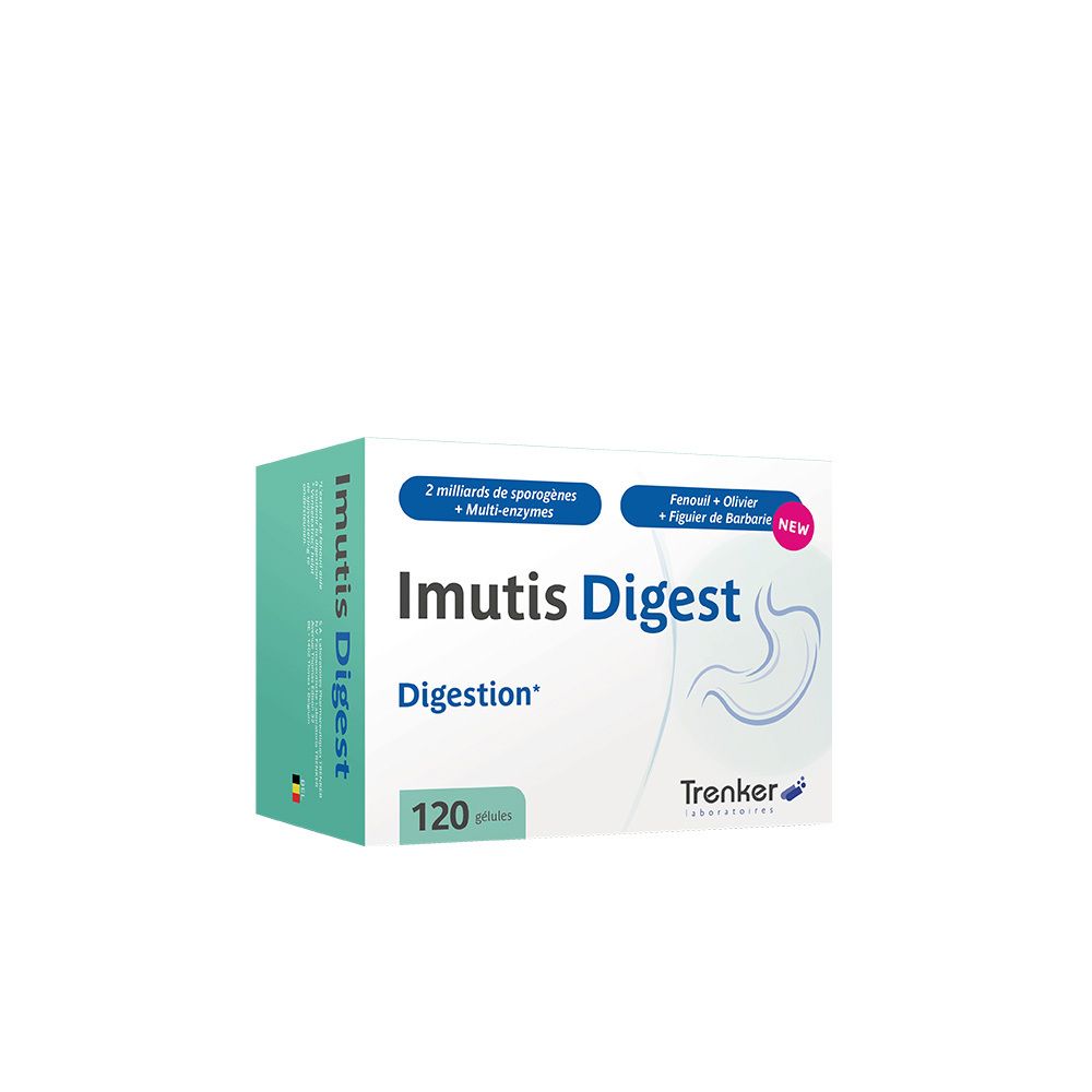 Boîte Imutis Digest, 120 gélules. Inscription: Digestion. Marque Trenker.